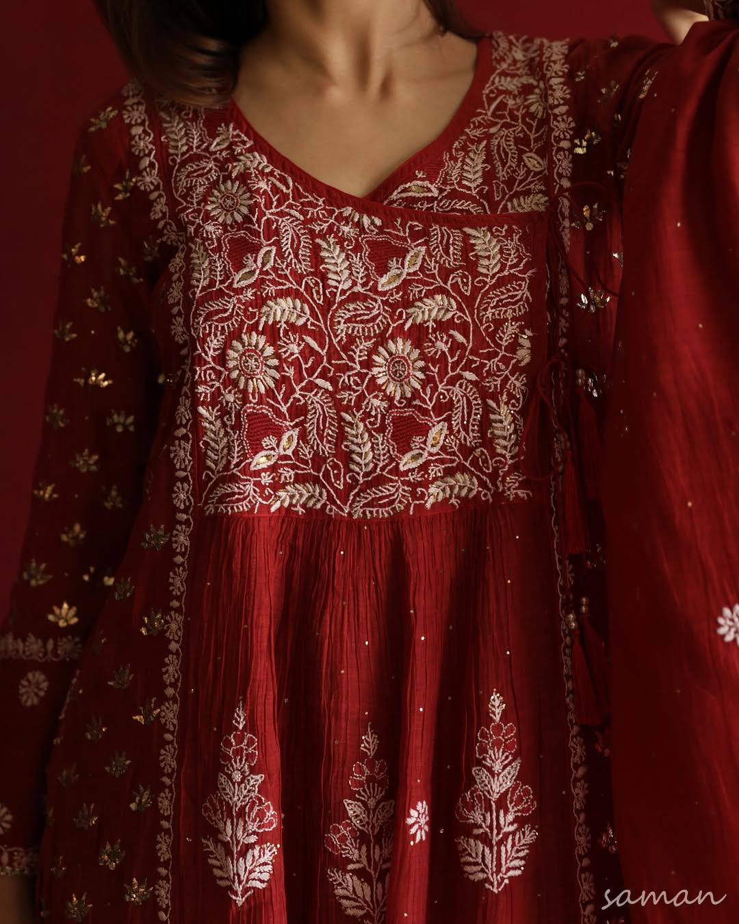 Saman Watermelon Red | Malmal Mukaish Chikankari Angarkha