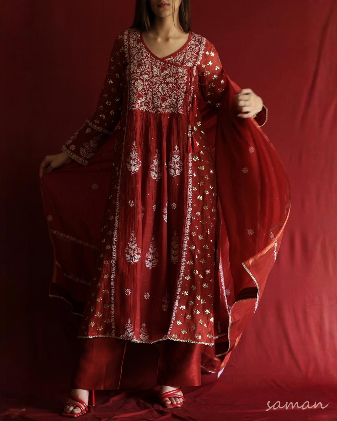 Saman Watermelon Red | Malmal Mukaish Chikankari Angarkha