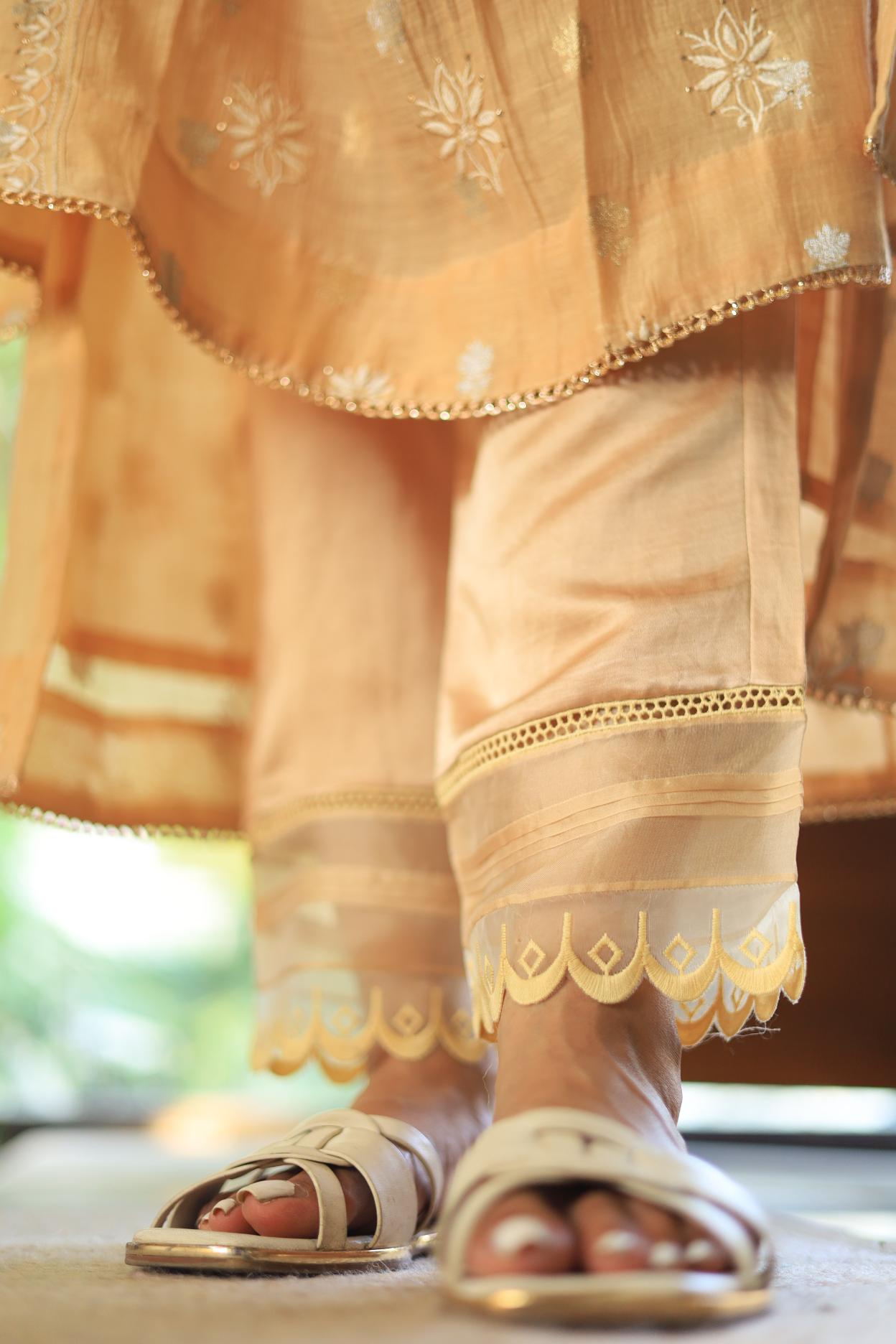 Satin Linen Beige Straight Pant With Organza Lace & One Side Pocket