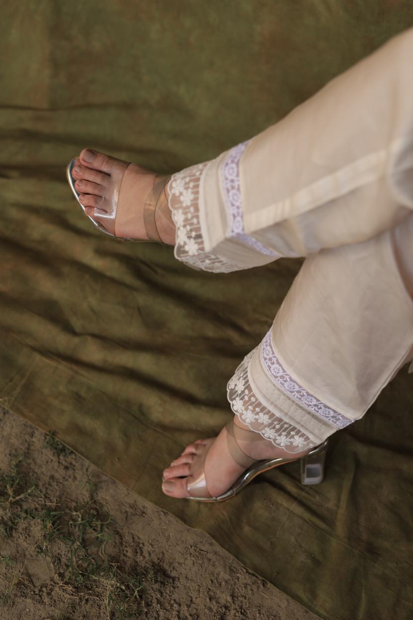 Satin Linen Off White Straight Pant With Organza Lace & One Side Pocket