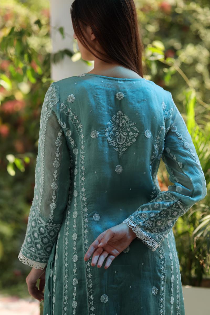Sea Blue Shade Noor Organza Chikankari Anarkali With Dupatta