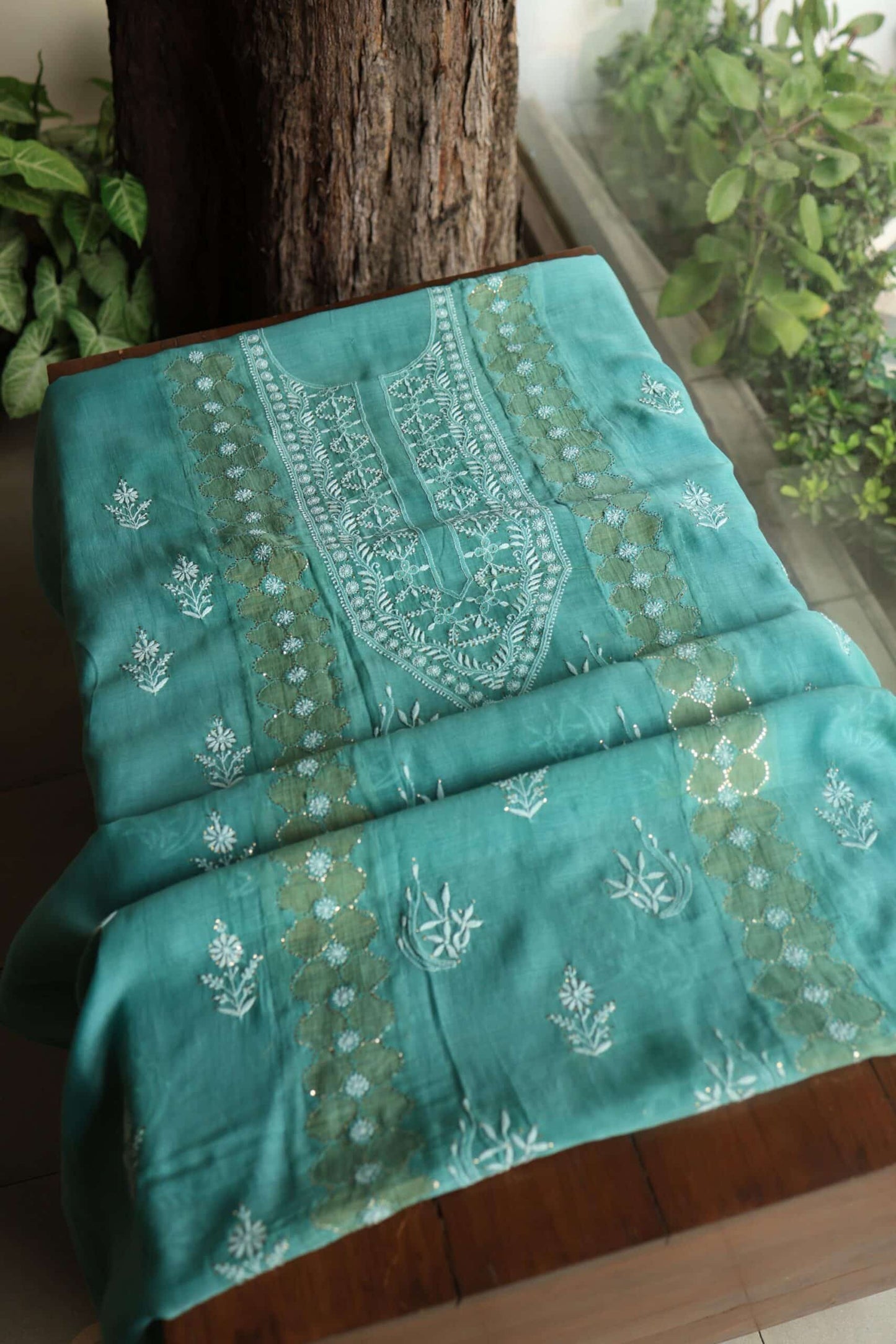 Sea Green Daraz Chanderi Chikankari Kurta Fabrics