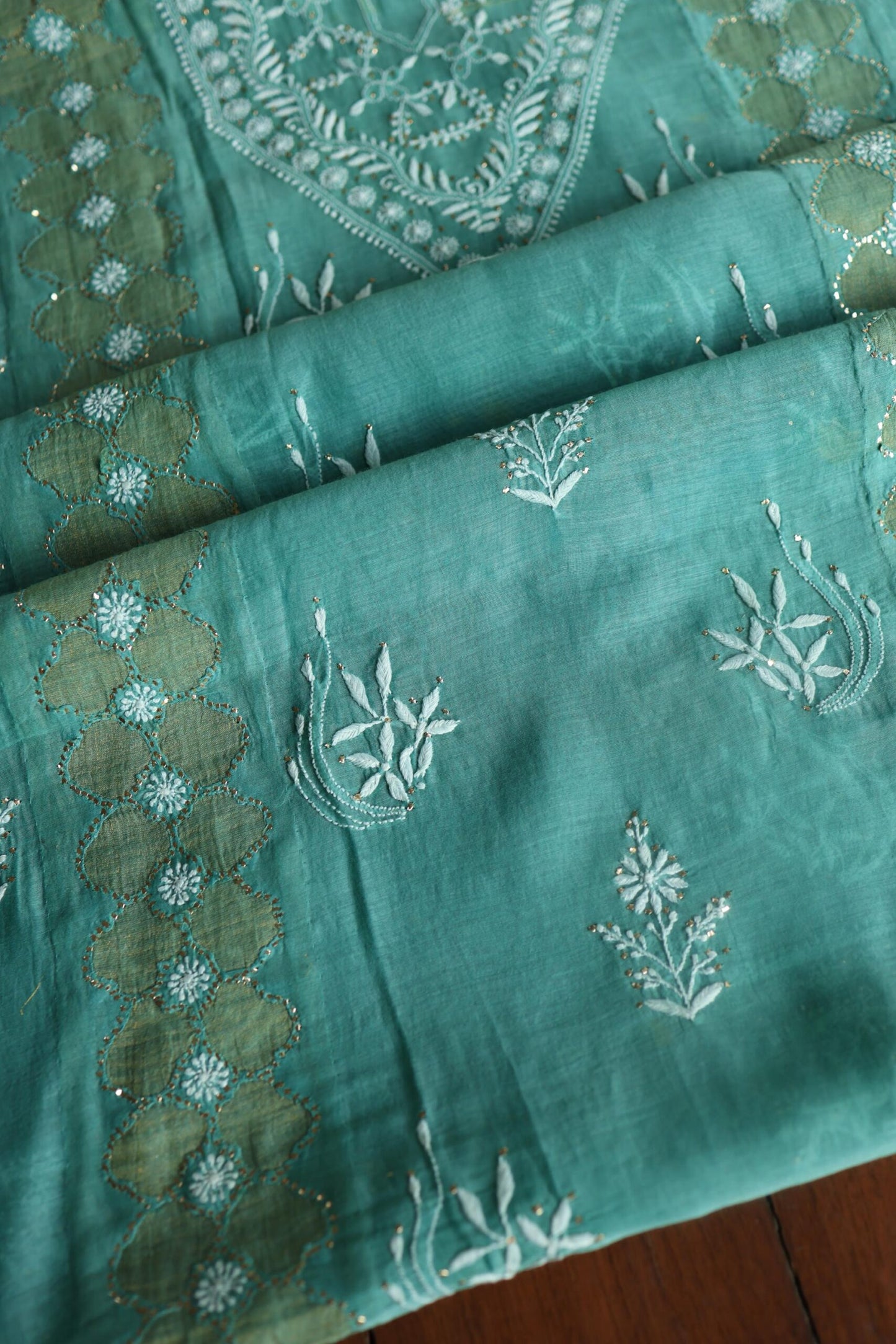 Sea Green Daraz Chanderi Chikankari Kurta Fabrics