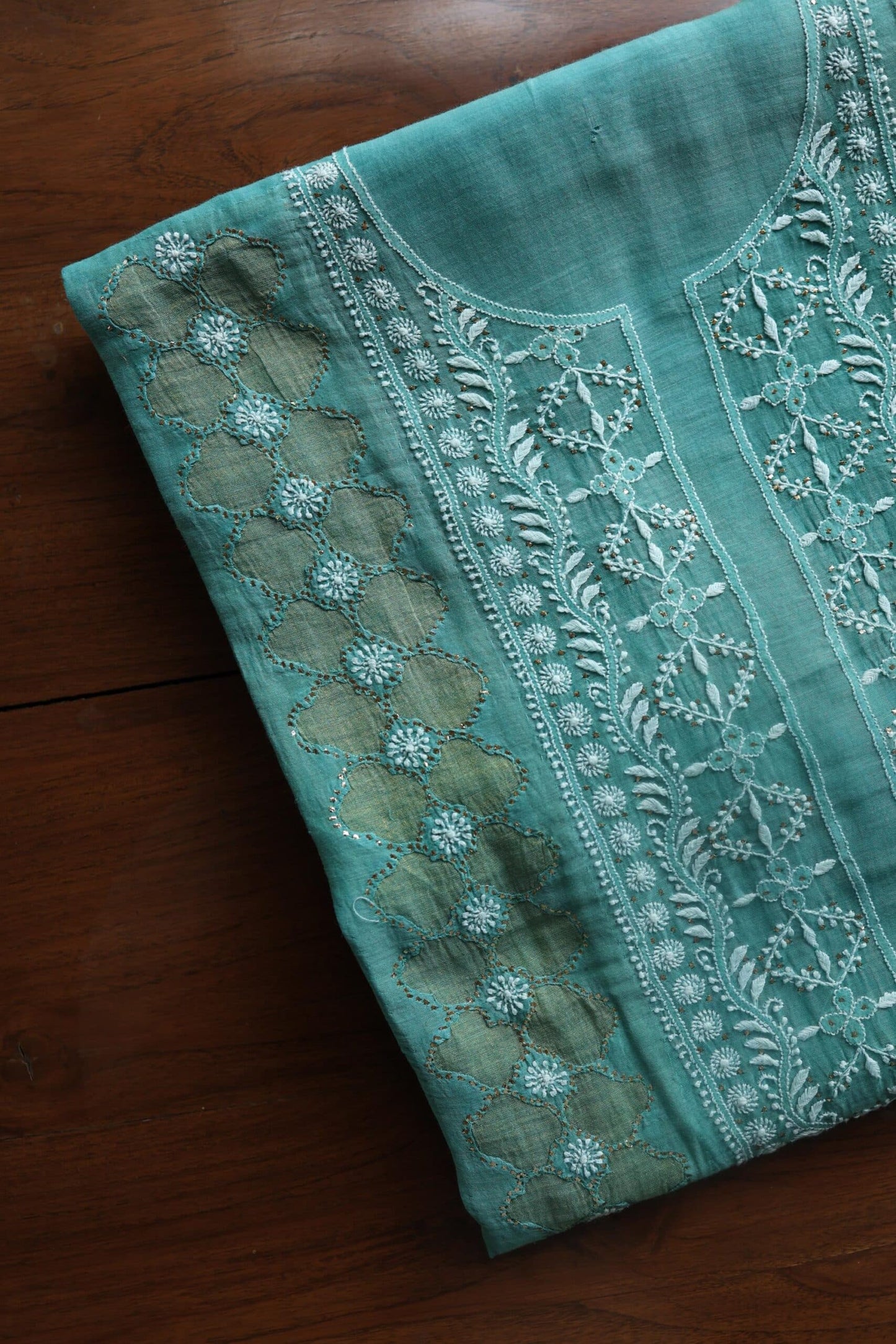 Sea Green Daraz Chanderi Chikankari Kurta Fabrics