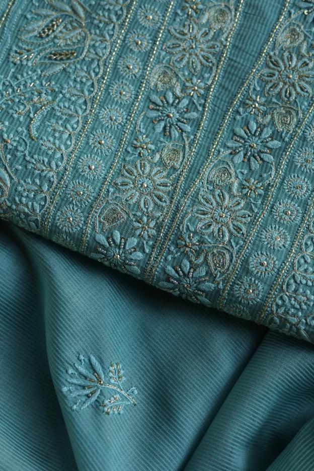 Sea Green Maheshwari Chikankari Unstitched Fabric
