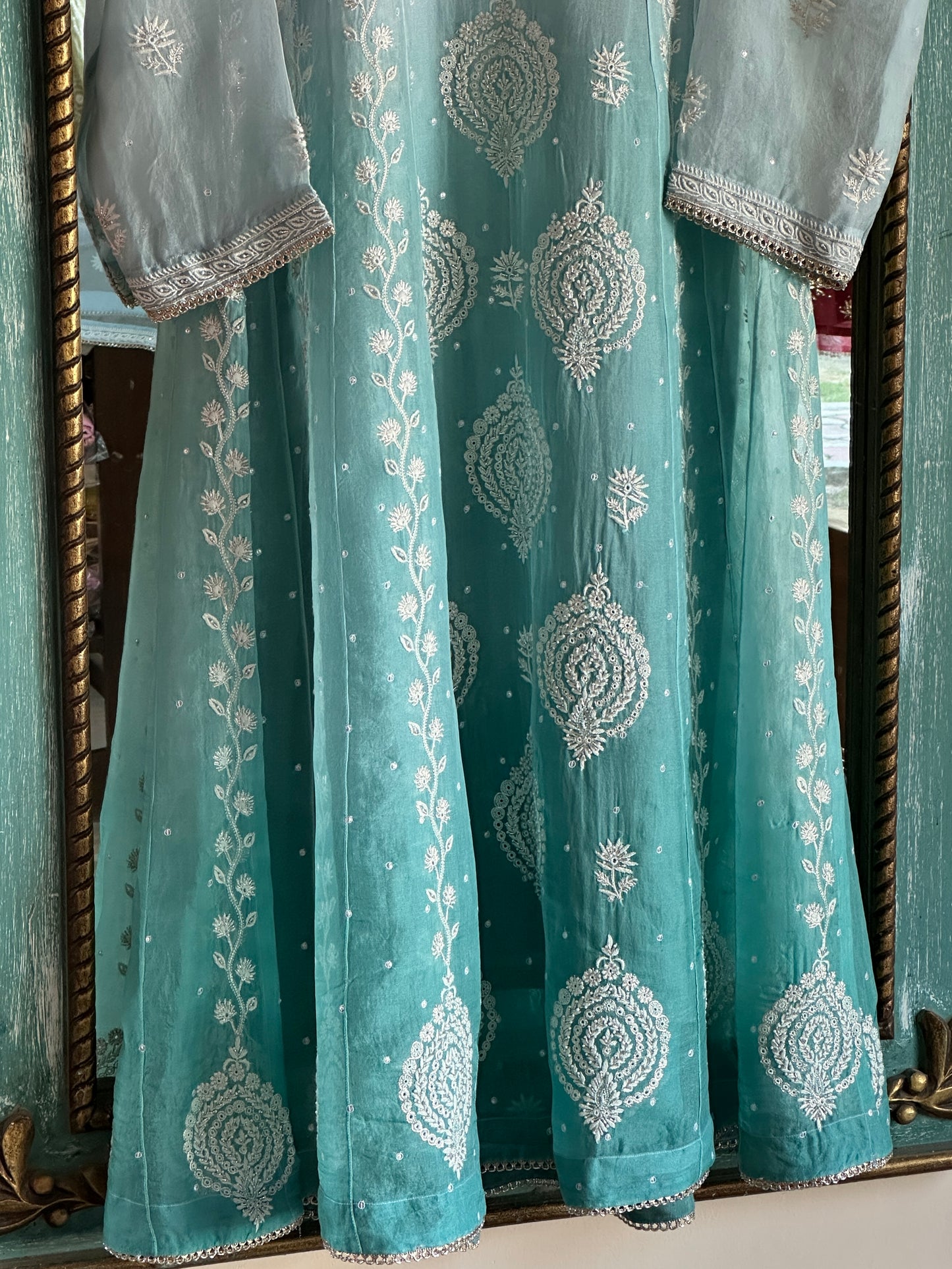 Sea Blue Ombre Shade Noor Organza Chikankari Anarkali With Dupatta