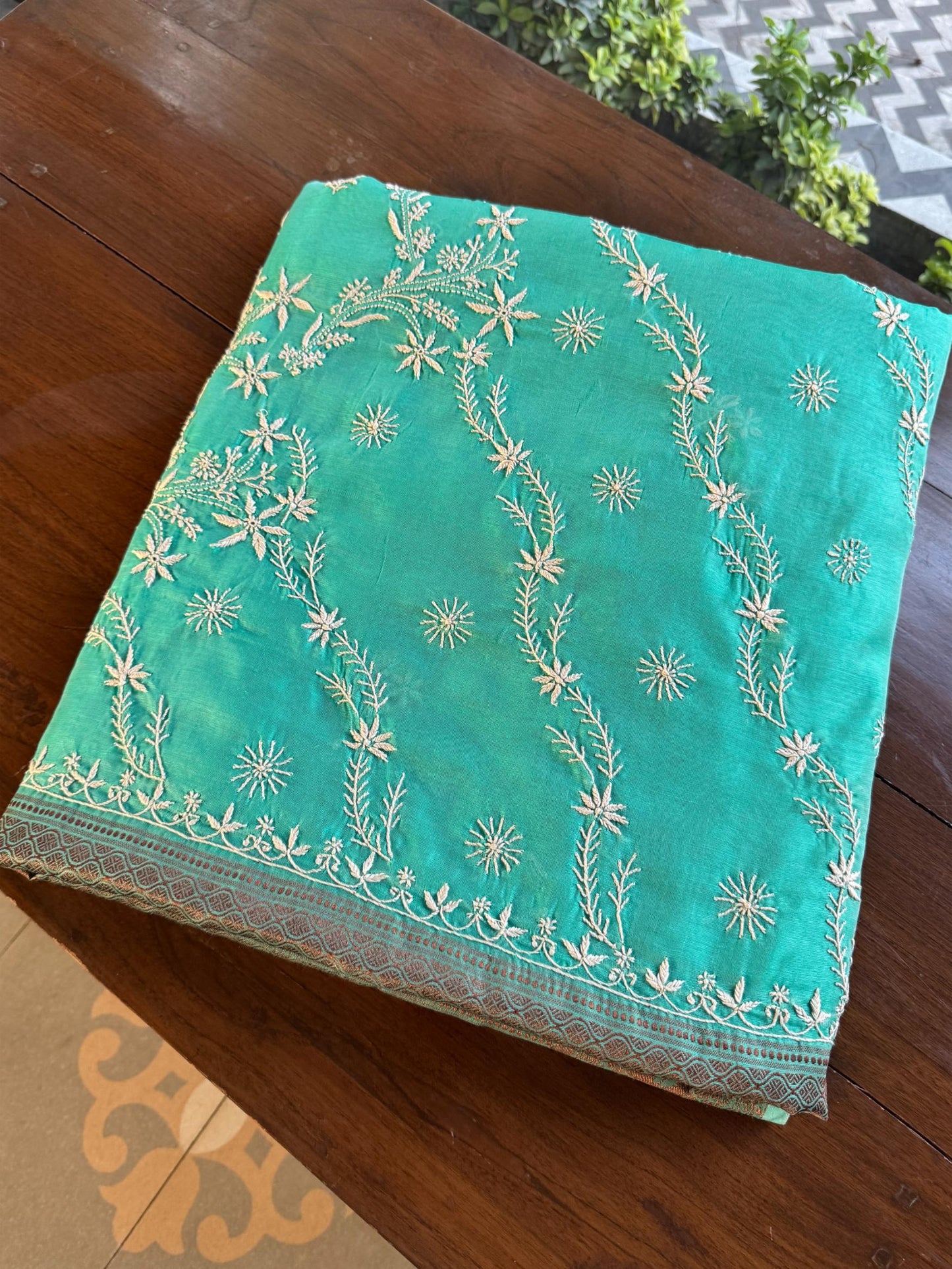 Sea Green Chanderi Saree with Chikankari Embroidery & Banarasi Zari Border