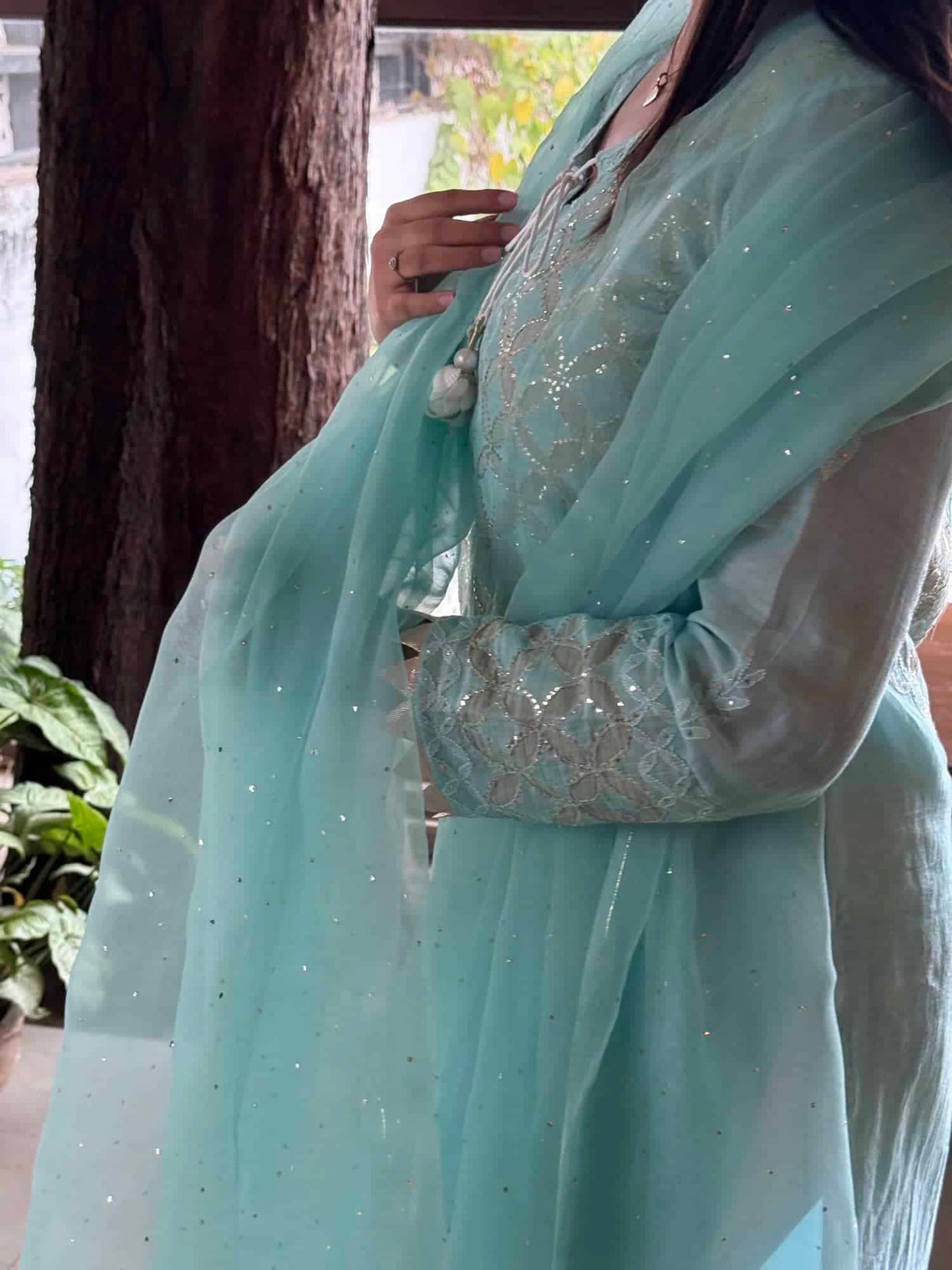 Sea Green Daraz Applique Chikankari Mukaish Kurta Dupatta Set