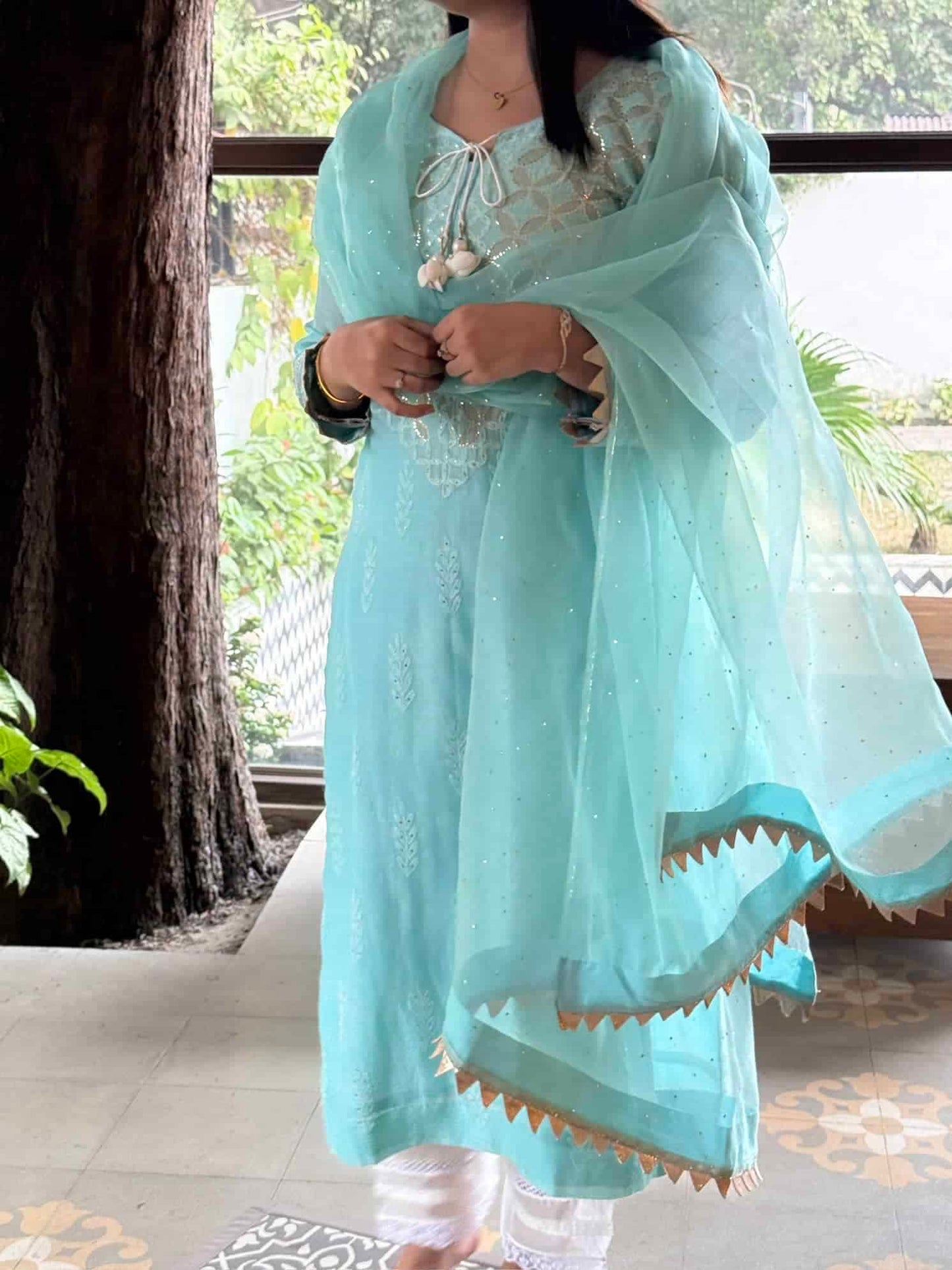 Sea Green Daraz Applique Chikankari Mukaish Kurta Dupatta Set