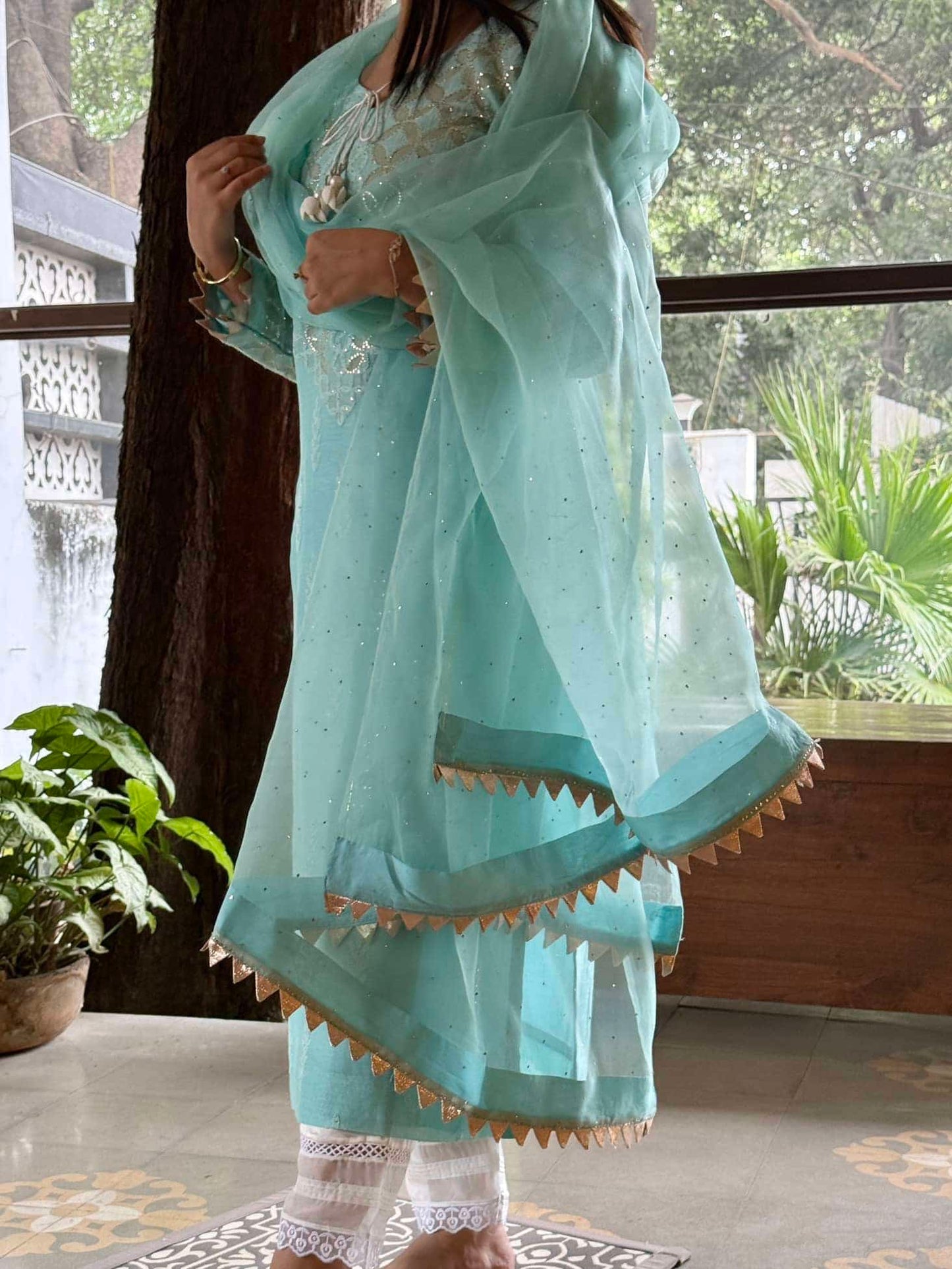 Sea Green Daraz Applique Chikankari Mukaish Kurta Dupatta Set