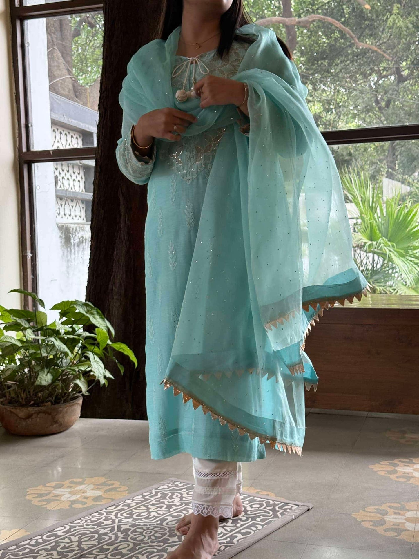 Sea Green Daraz Applique Chikankari Mukaish Kurta Dupatta Set