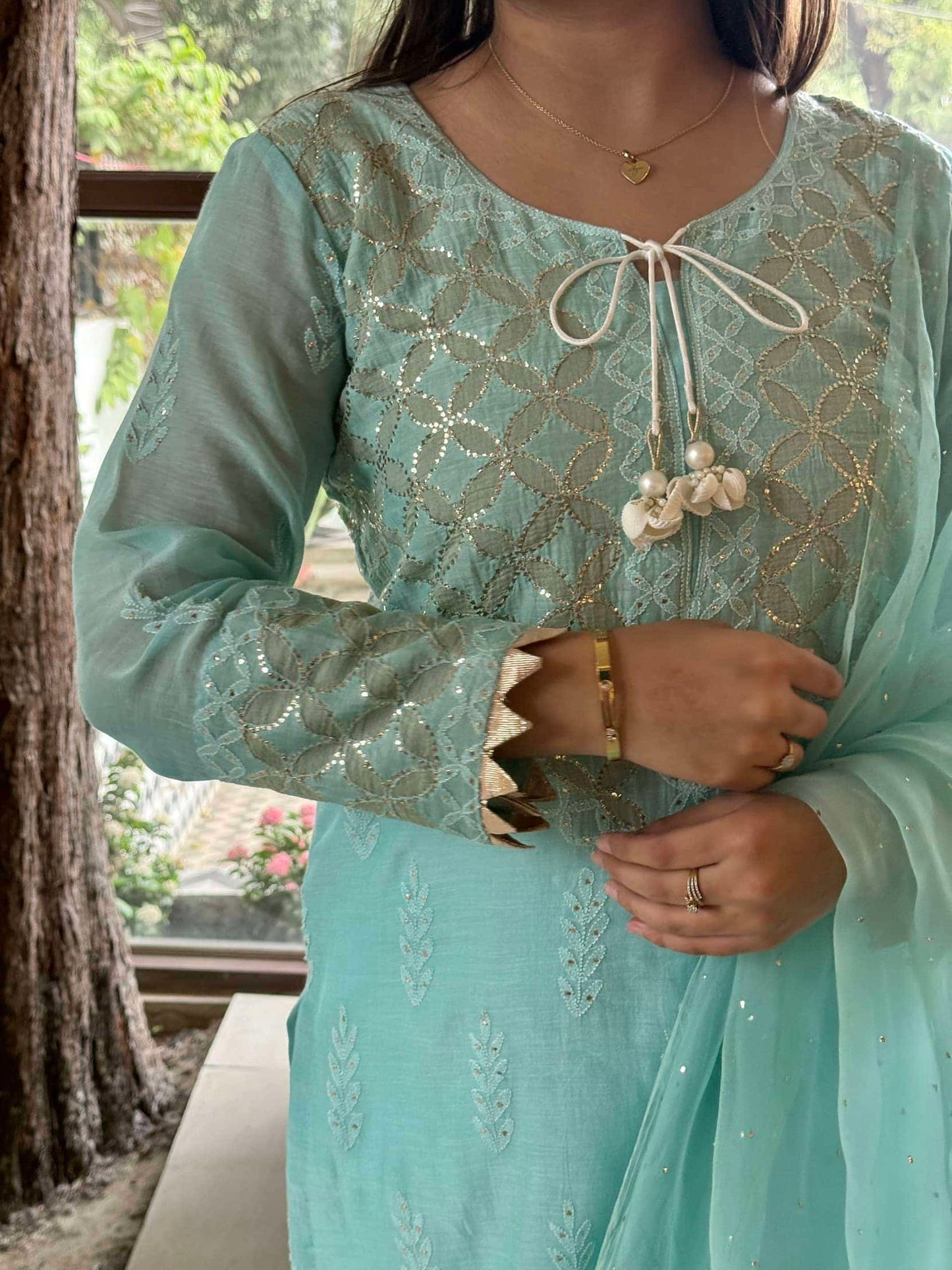 Sea Green Daraz Applique Chikankari Mukaish Kurta Dupatta Set