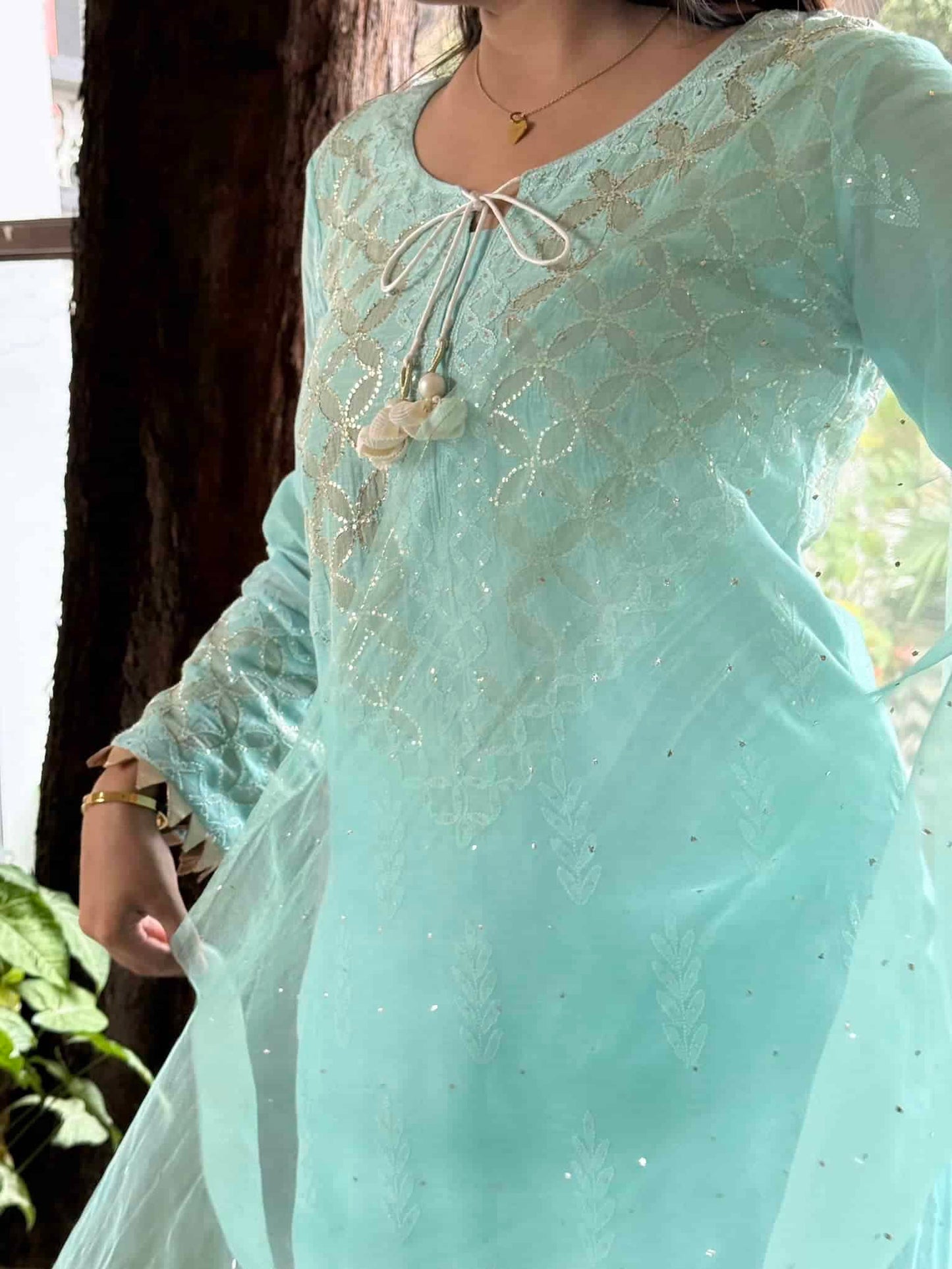 Sea Green Daraz Applique Chikankari Mukaish Kurta Dupatta Set