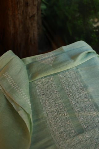 Sea Green Linen Chikankari Unstitched Men's Kurta Fabric