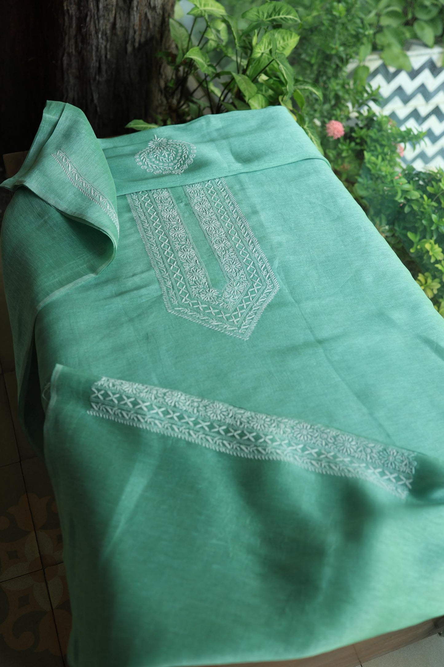 Sea Green Linen Chikankari Unstitched Men's Kurtas Fabric