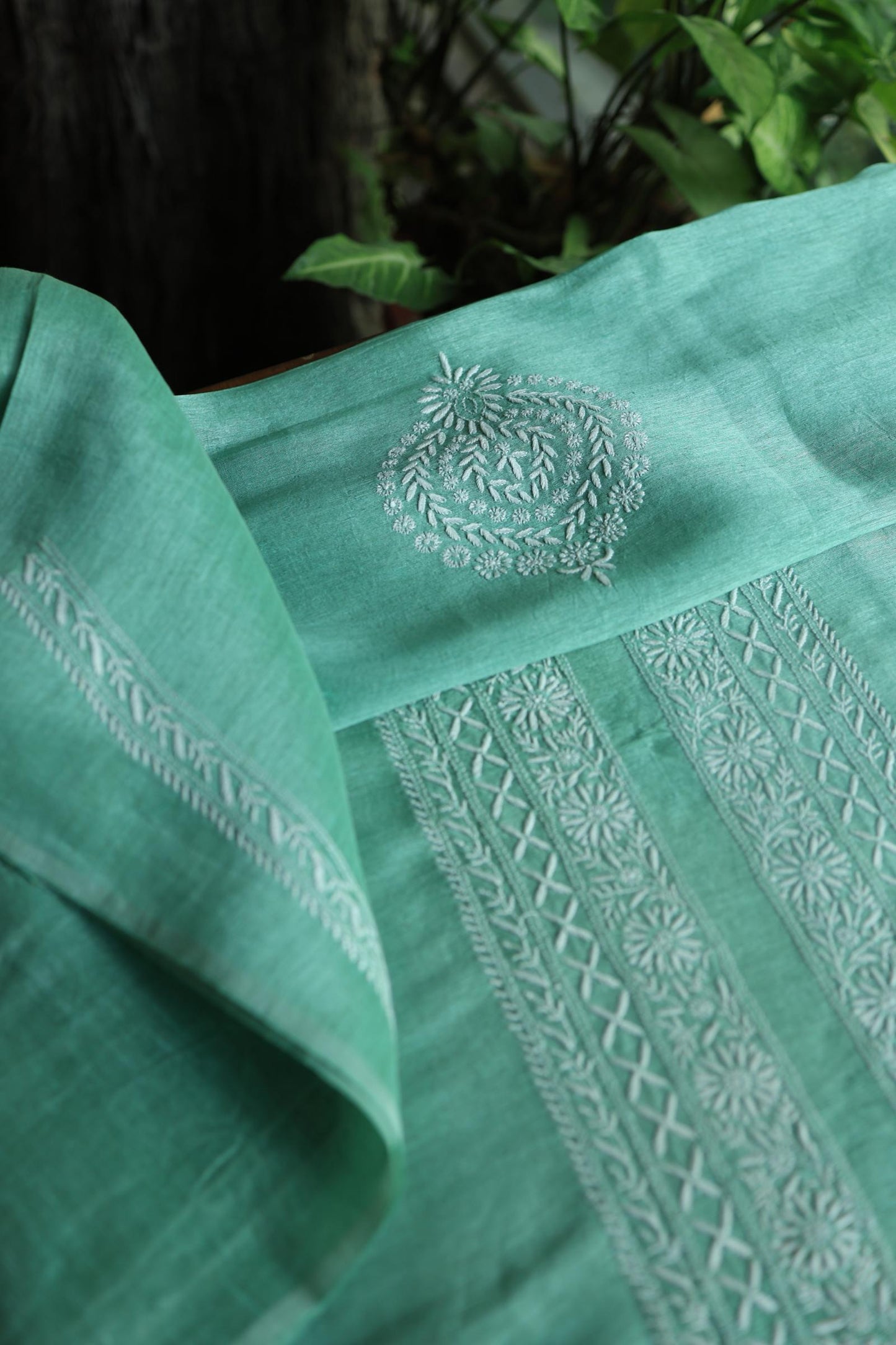 Sea Green Linen Chikankari Unstitched Men's Kurtas Fabric