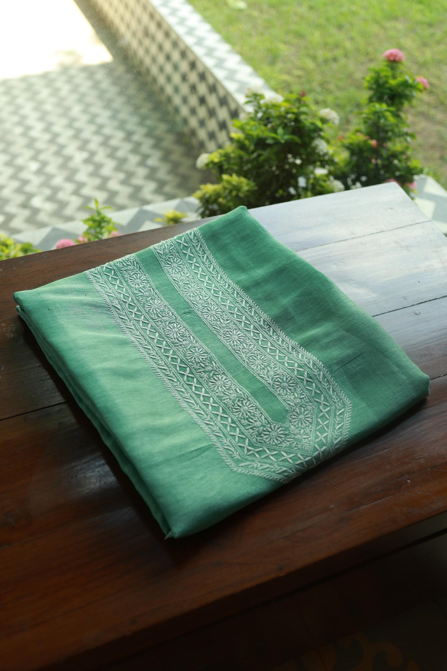 Sea Green Linen Chikankari Unstitched Men's Kurtas Fabric