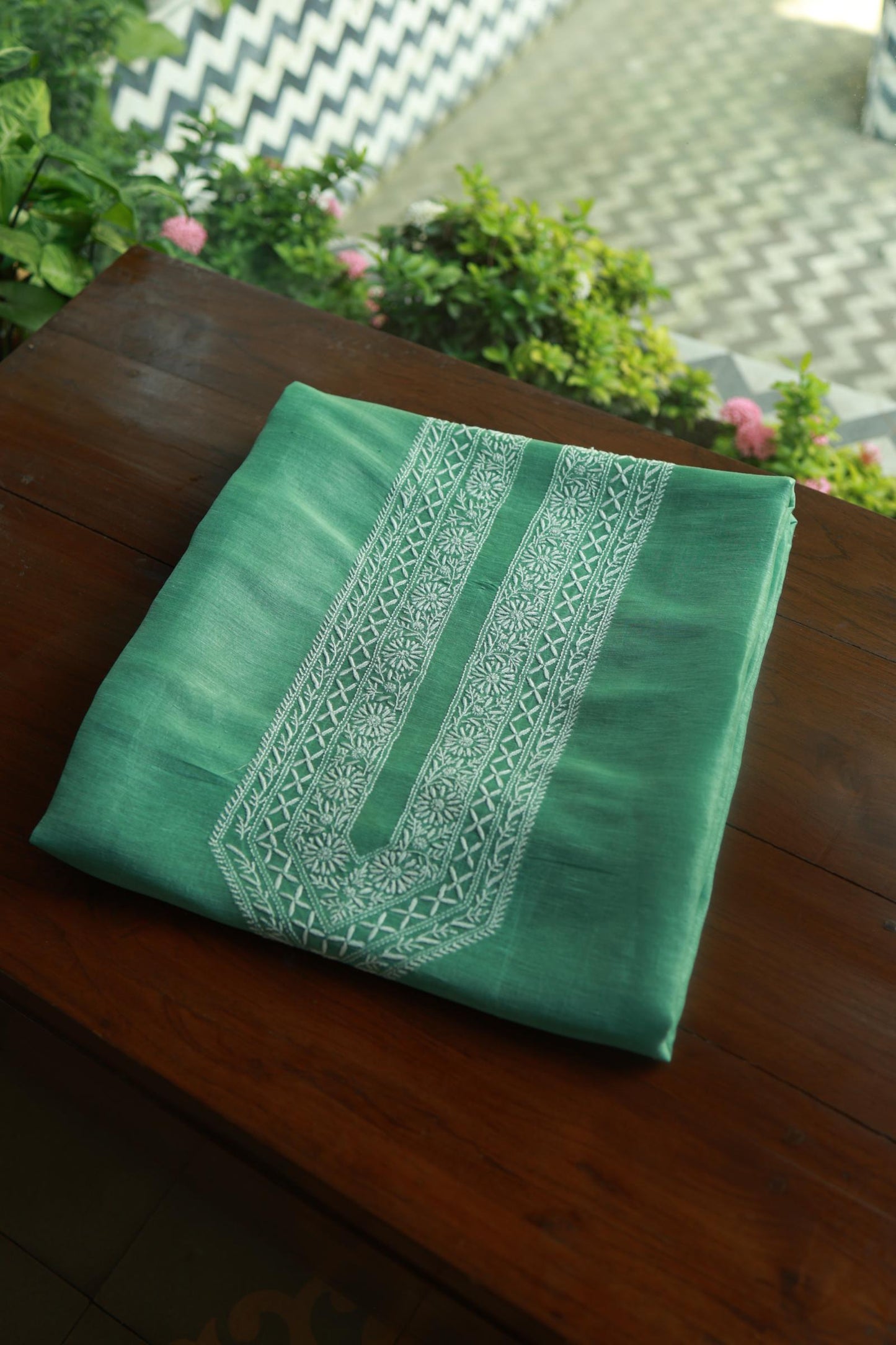 Sea Green Linen Chikankari Unstitched Men's Kurtas Fabric
