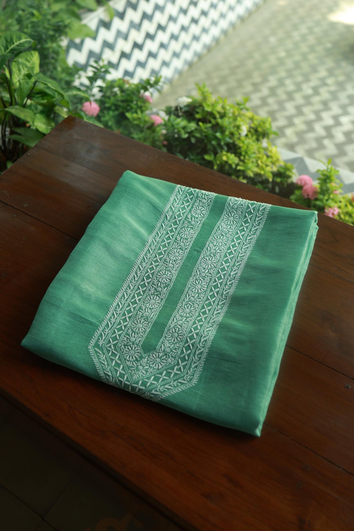 Sea Green Linen Chikankari Unstitched Men's Kurtas Fabric