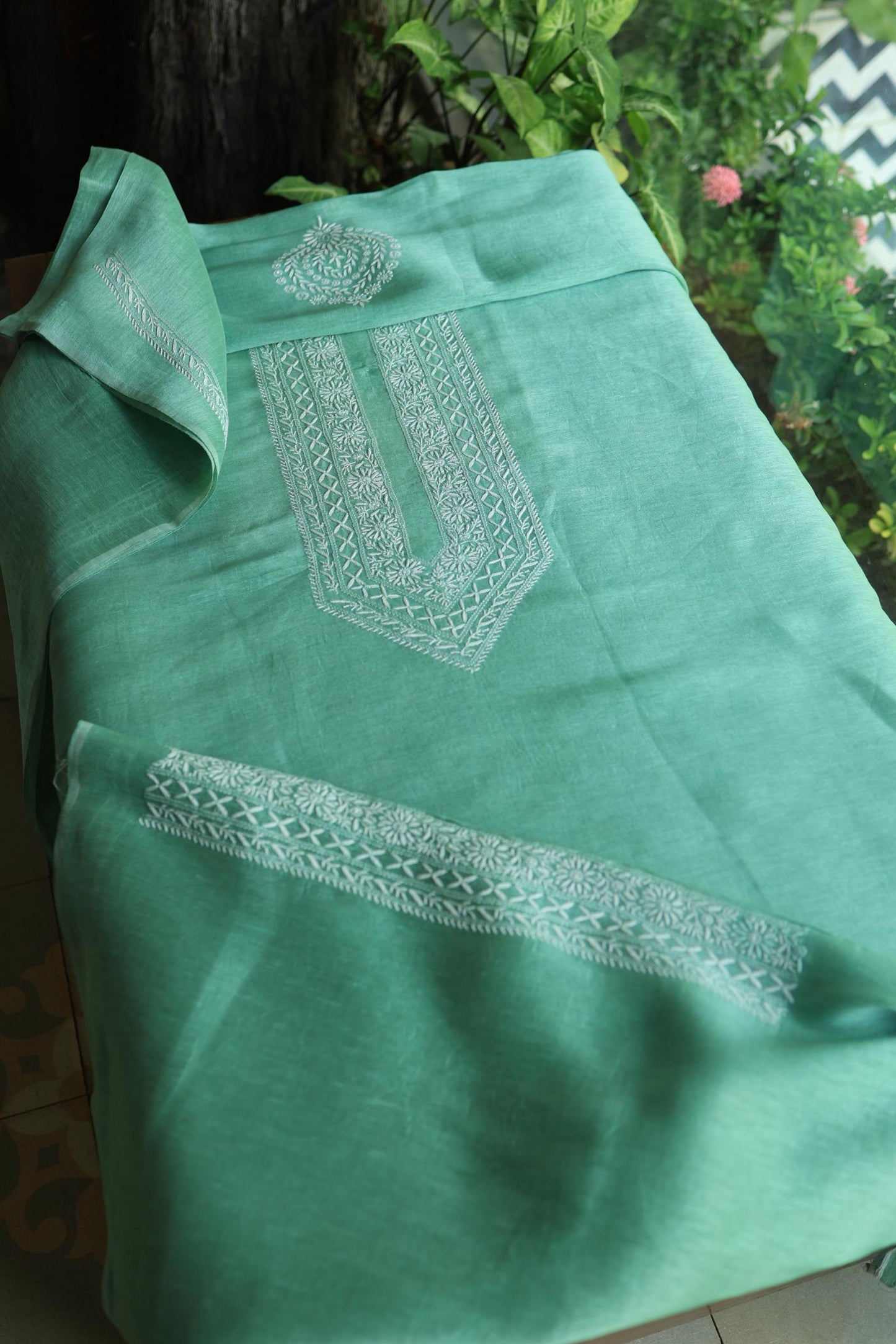 Sea Green Linen Chikankari Unstitched Men's Kurtas Fabric