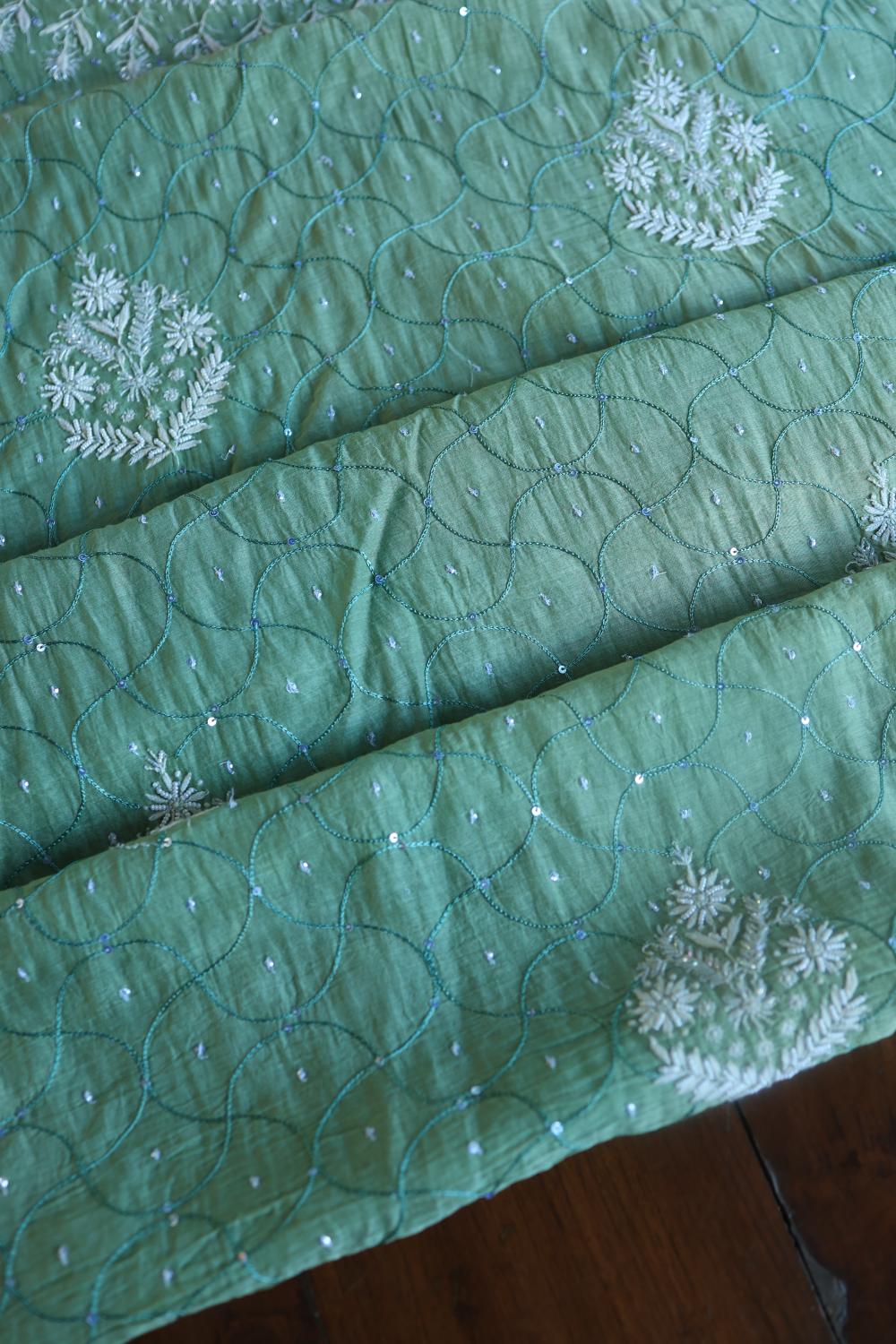 Sea Green Mal Chanderi Silk Chikankari With Sequins Unstitched Kurta Dupatta Set