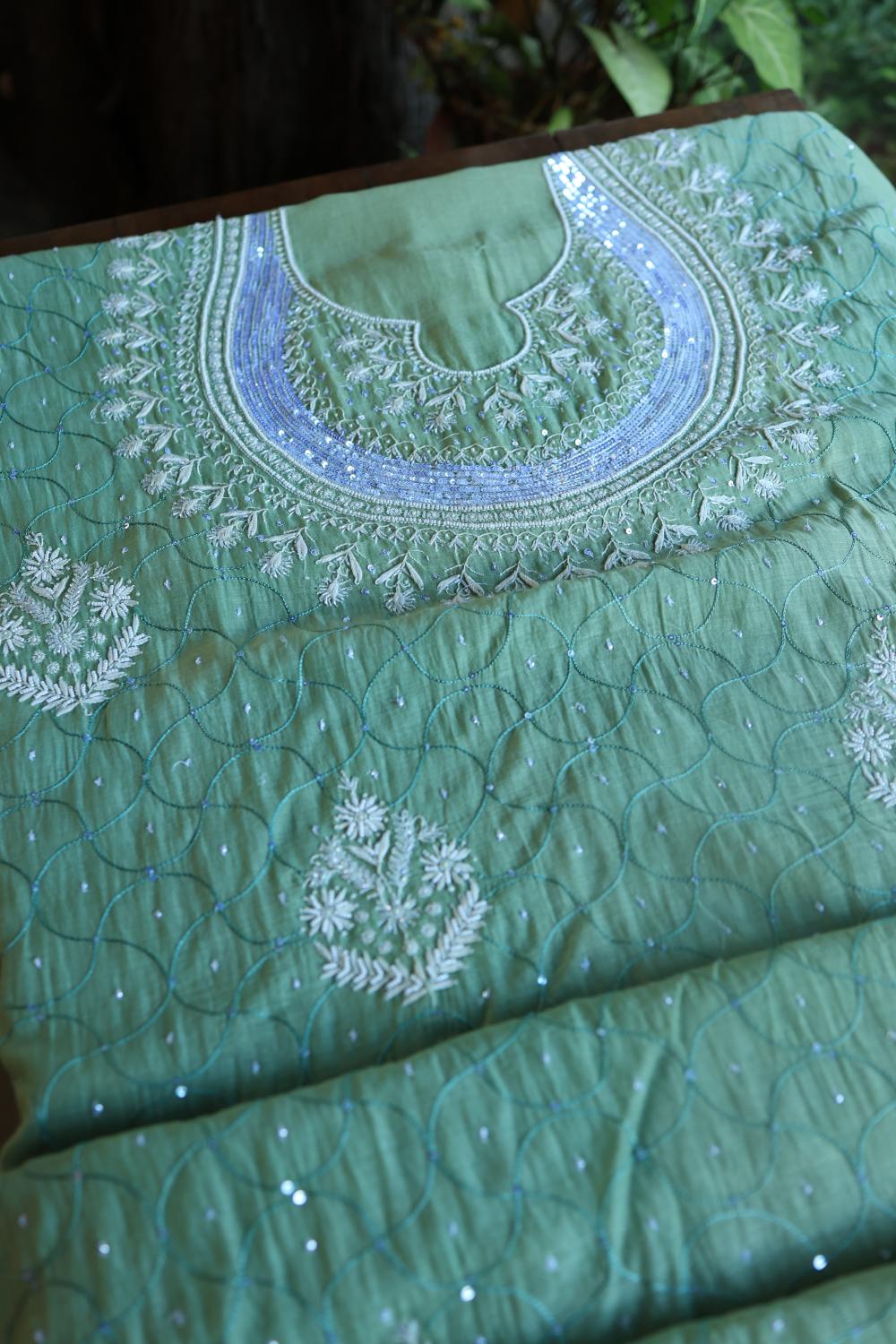 Sea Green Mal Chanderi Silk Chikankari With Sequins Unstitched Kurta Dupatta Set