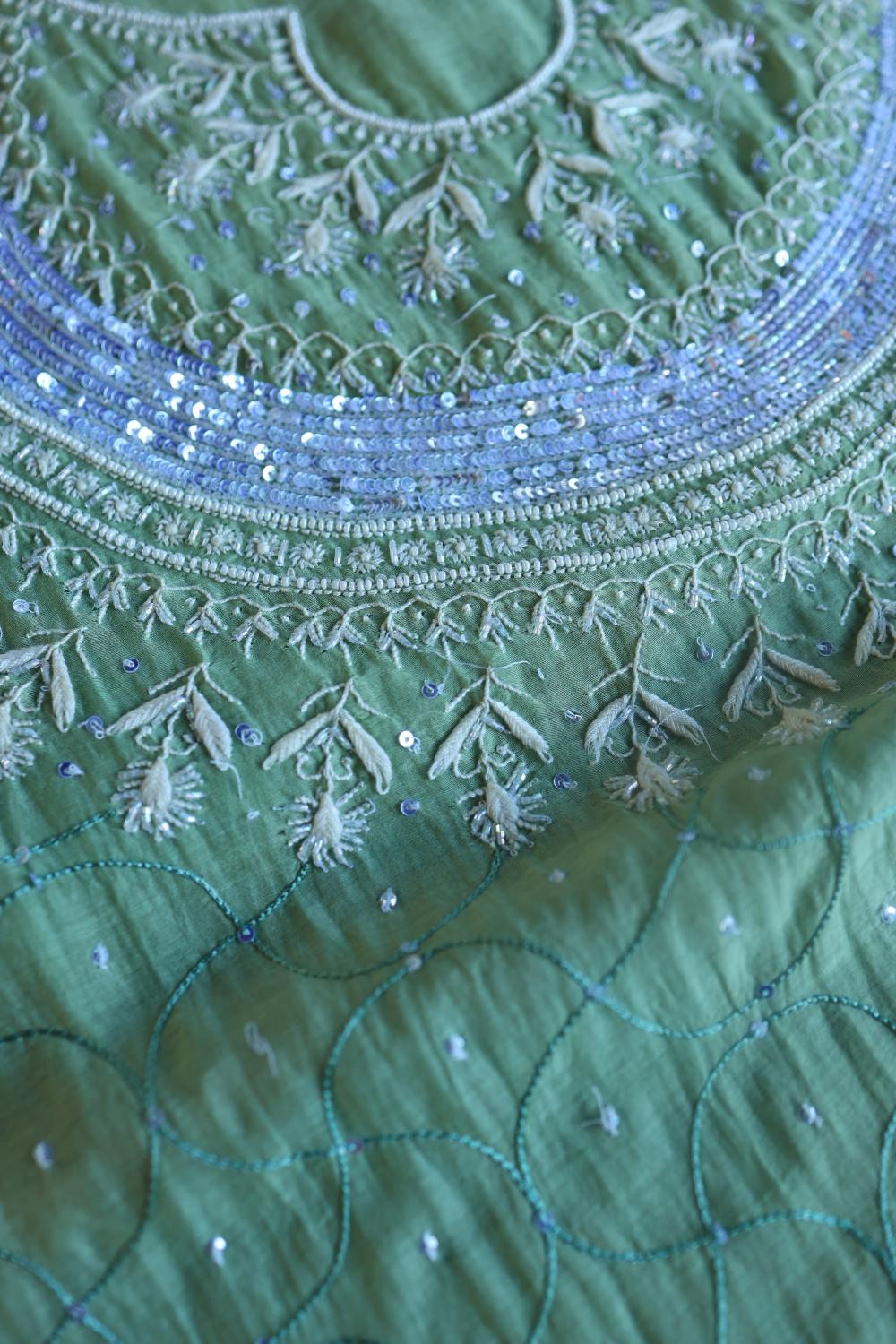 Sea Green Mal Chanderi Silk Chikankari With Sequins Unstitched Kurta Dupatta Set