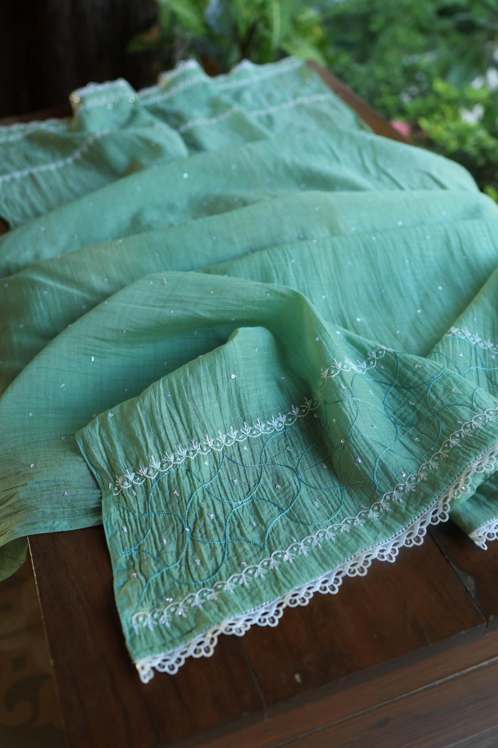 Sea Green Mal Chanderi Silk Chikankari With Sequins Unstitched Kurta Dupatta Set