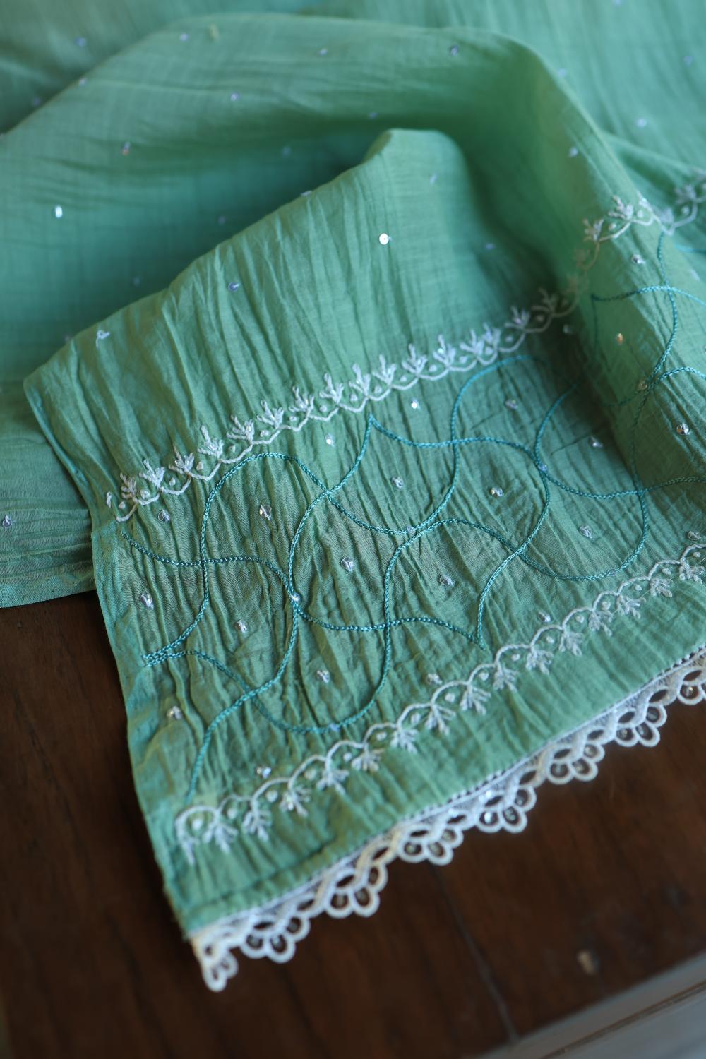 Sea Green Mal Chanderi Silk Chikankari With Sequins Unstitched Kurta Dupatta Set