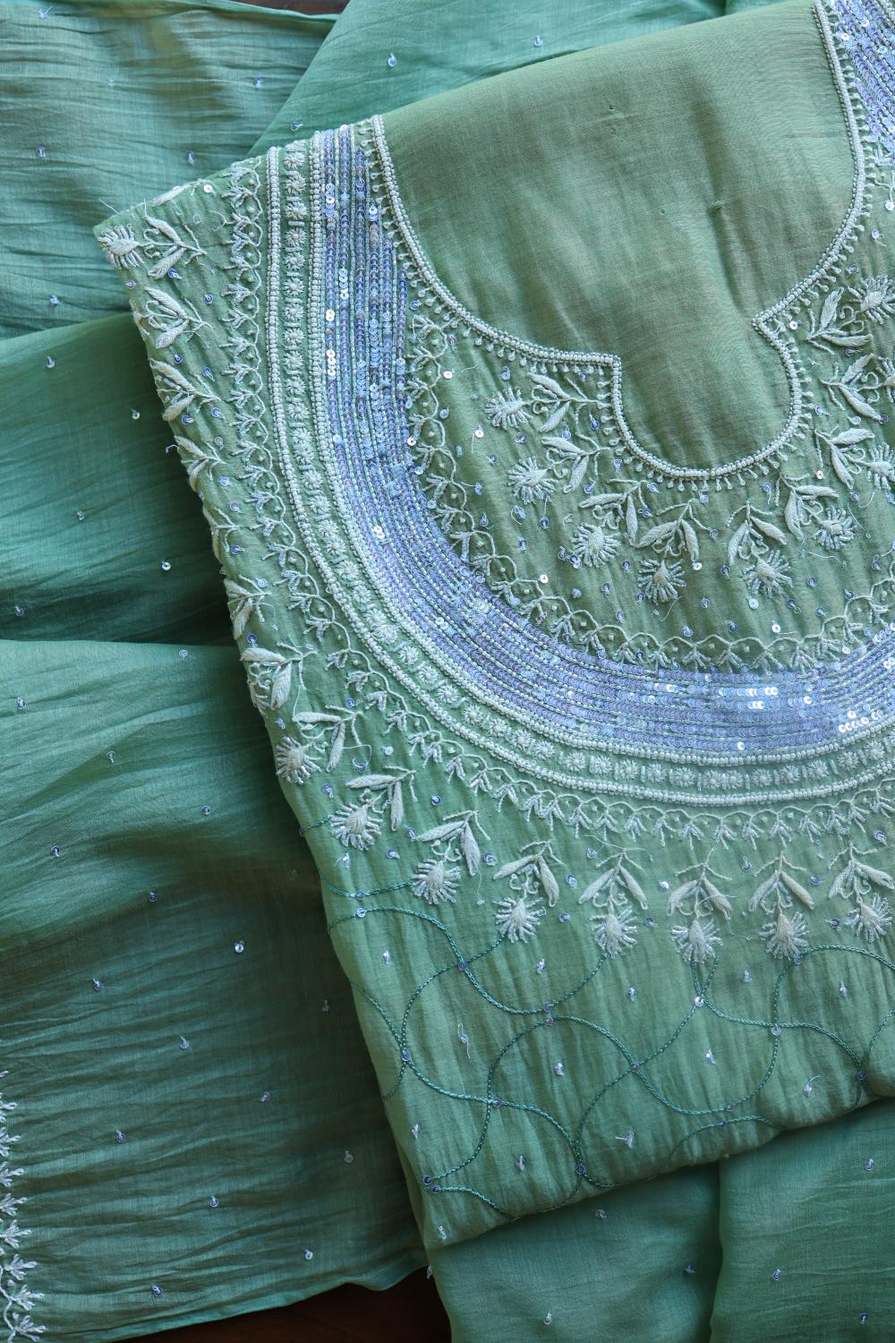 Sea Green Mal Chanderi Silk Chikankari With Sequins Unstitched Kurta Dupatta Set