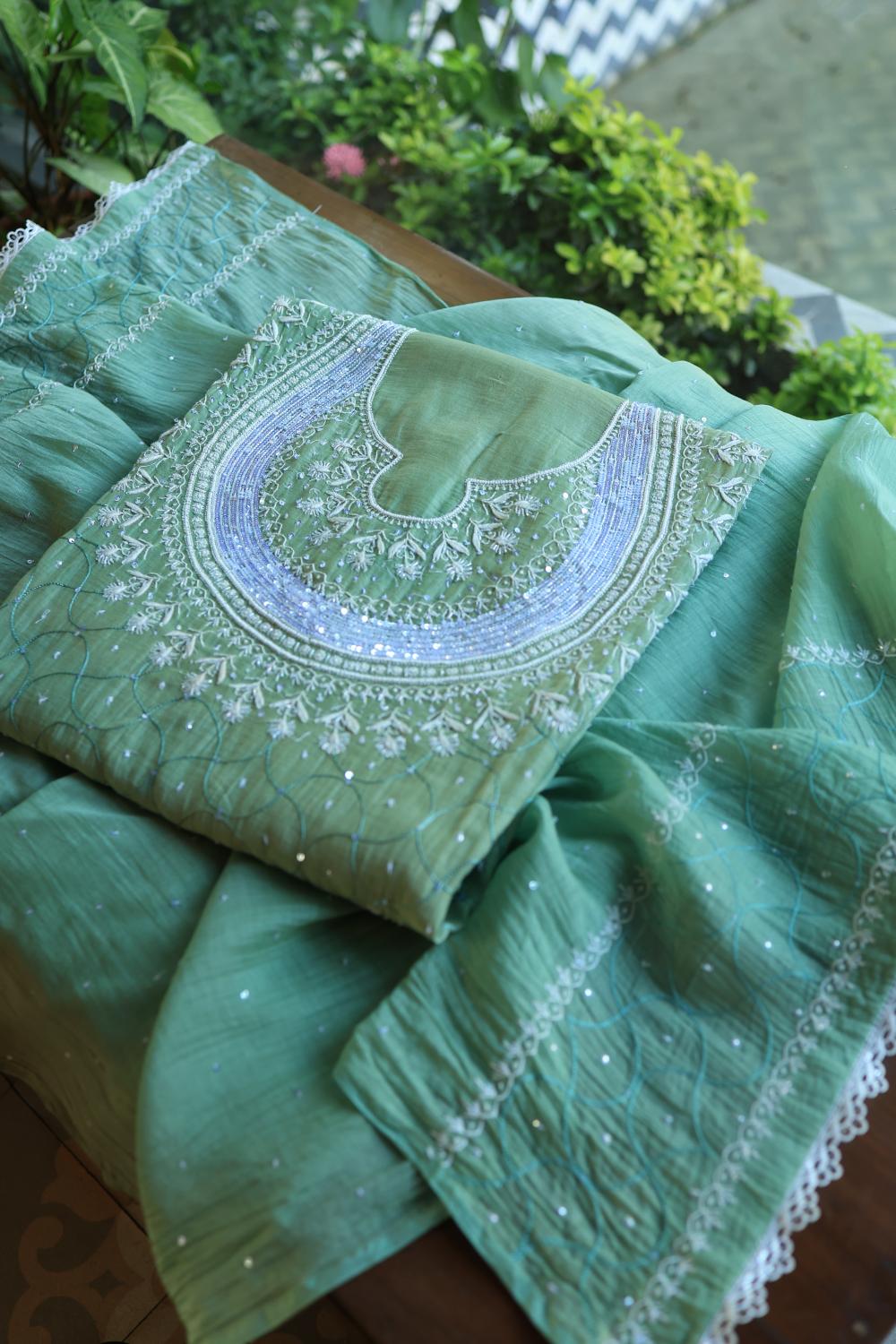 Sea Green Mal Chanderi Silk Chikankari With Sequins Unstitched Kurta Dupatta Set