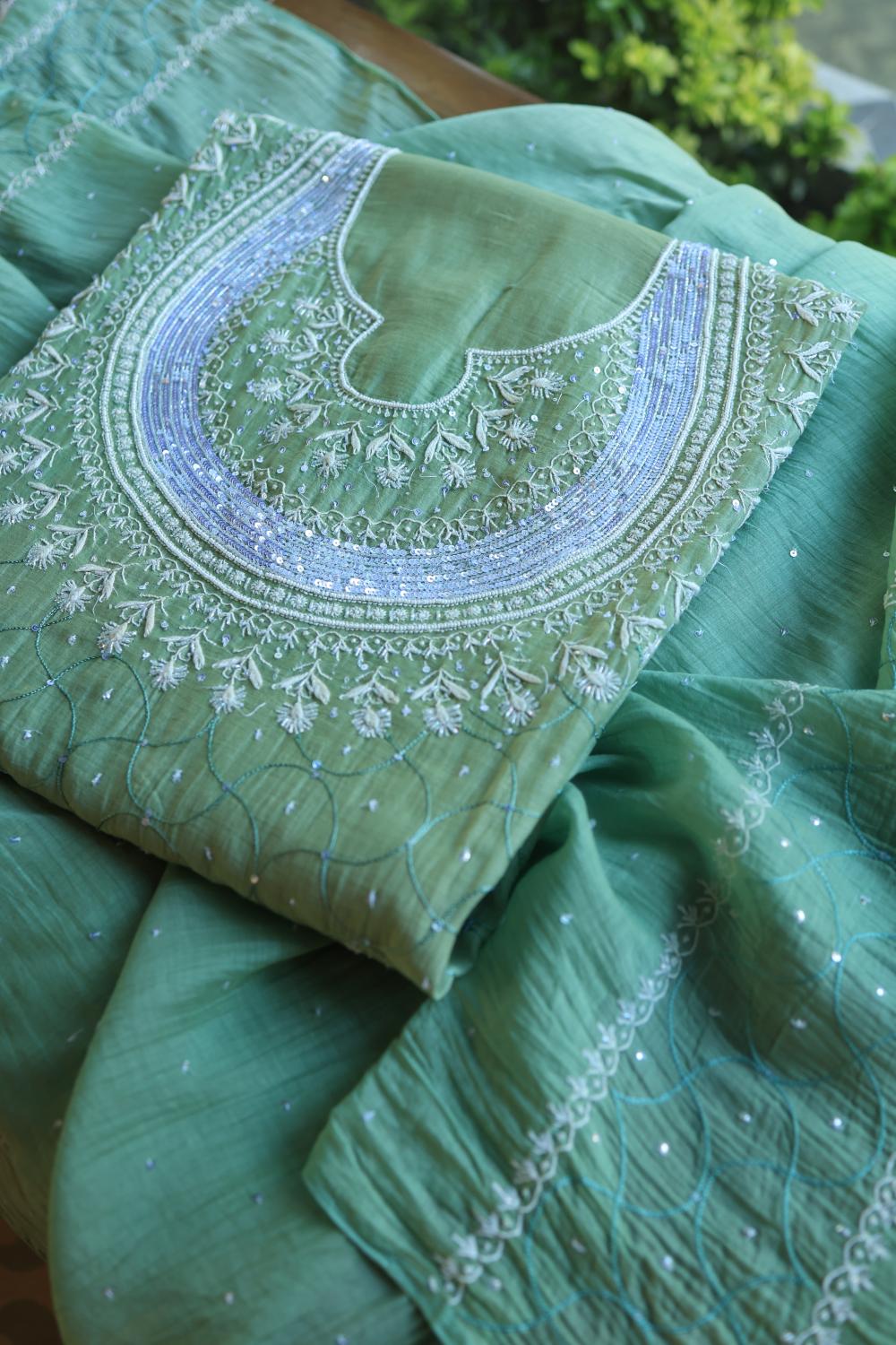 Sea Green Mal Chanderi Silk Chikankari With Sequins Unstitched Kurta Dupatta Set