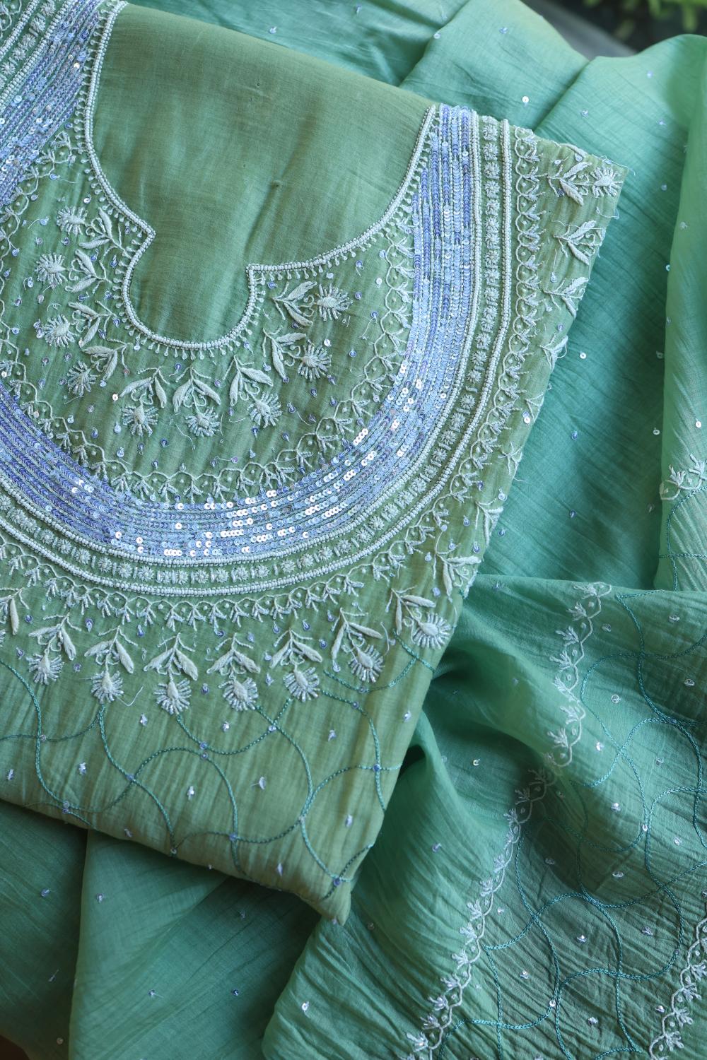 Sea Green Mal Chanderi Silk Chikankari With Sequins Unstitched Kurta Dupatta Set