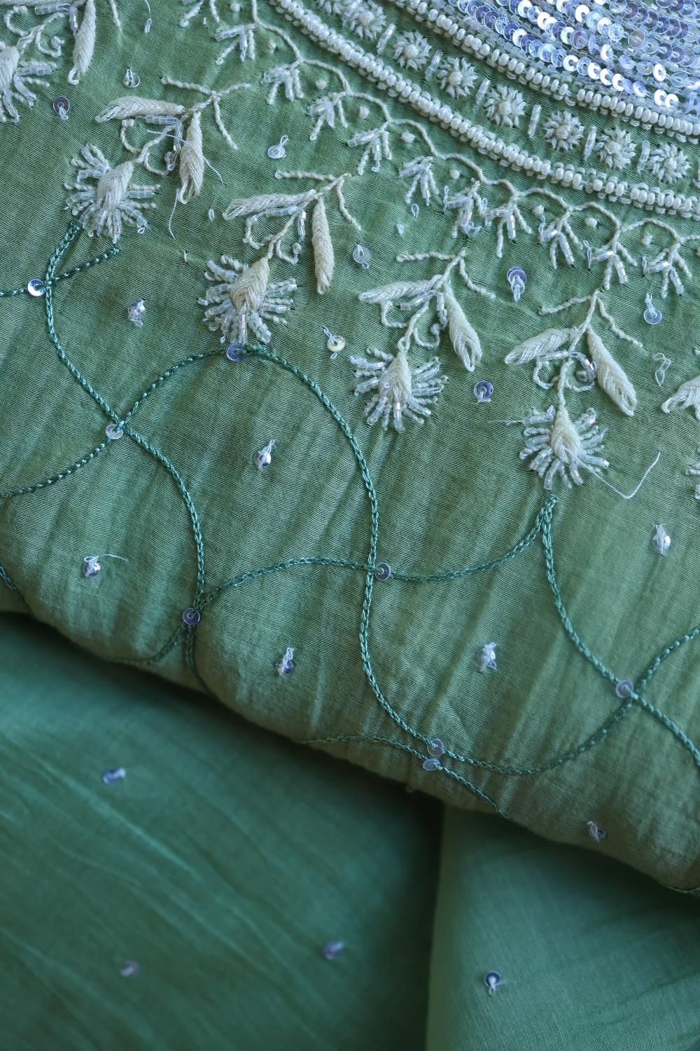 Sea Green Mal Chanderi Silk Chikankari With Sequins Unstitched Kurta Dupatta Set