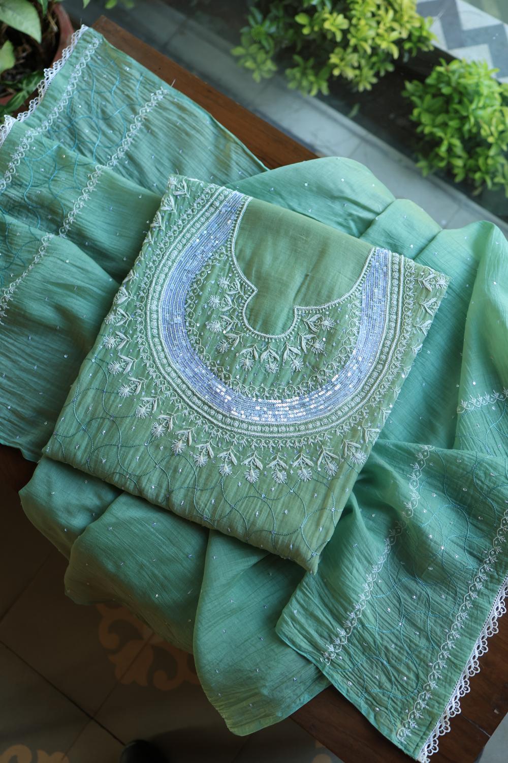 Sea Green Mal Chanderi Silk Chikankari With Sequins Unstitched Kurta Dupatta Set