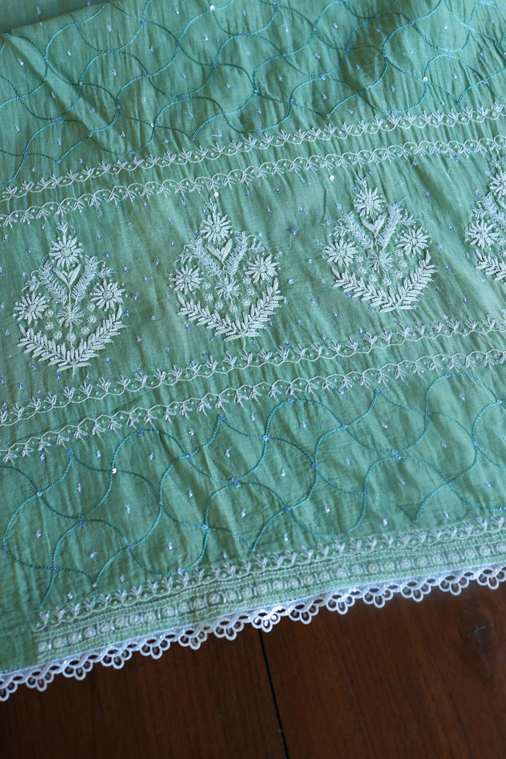 Sea Green Mal Chanderi Silk Chikankari With Sequins Unstitched Kurta Dupatta Set
