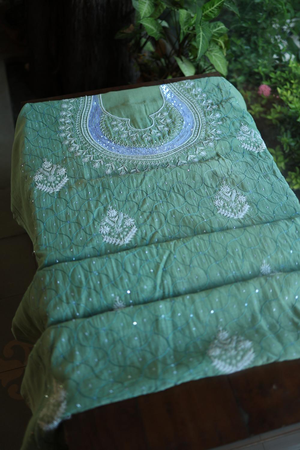 Sea Green Mal Chanderi Silk Chikankari With Sequins Unstitched Kurta Dupatta Set