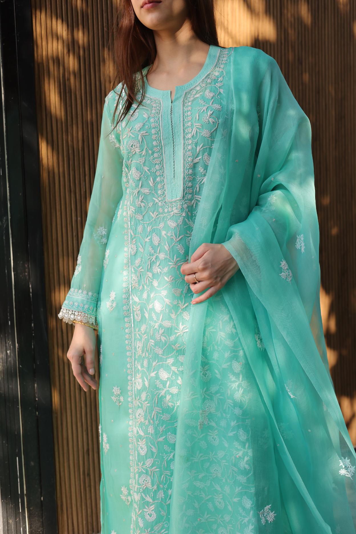 Sea Green Noor Organza Silk Chikankari A Line Kurta Dupatta Set