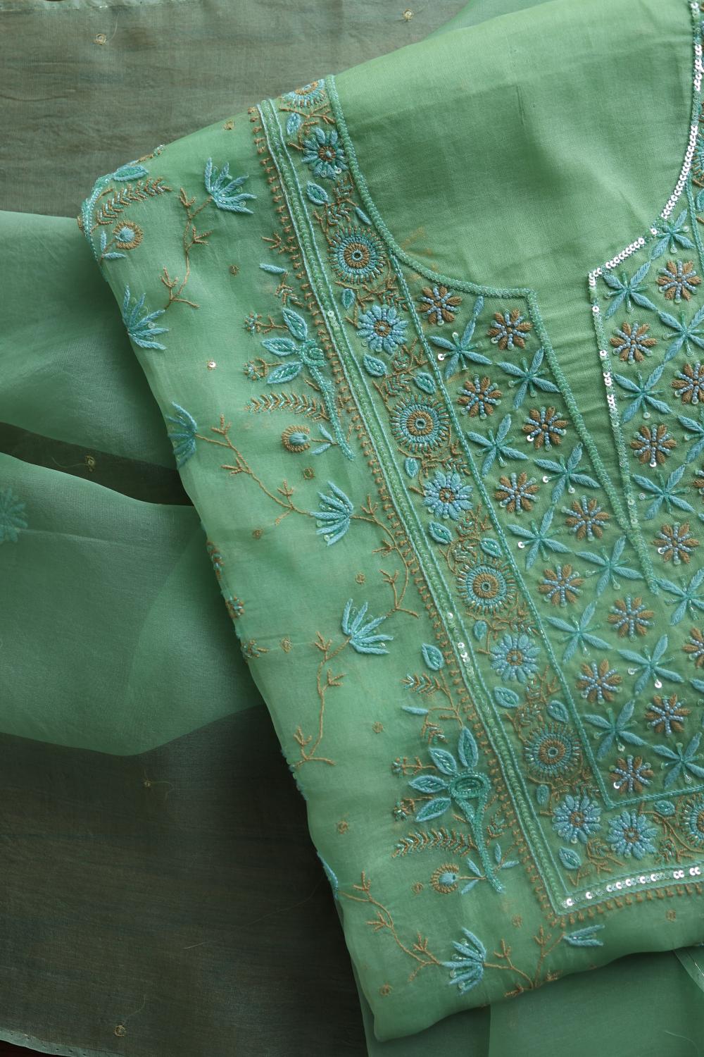 Sea Green Noor Organza Silk Chikankari With Kamdani Fabric
