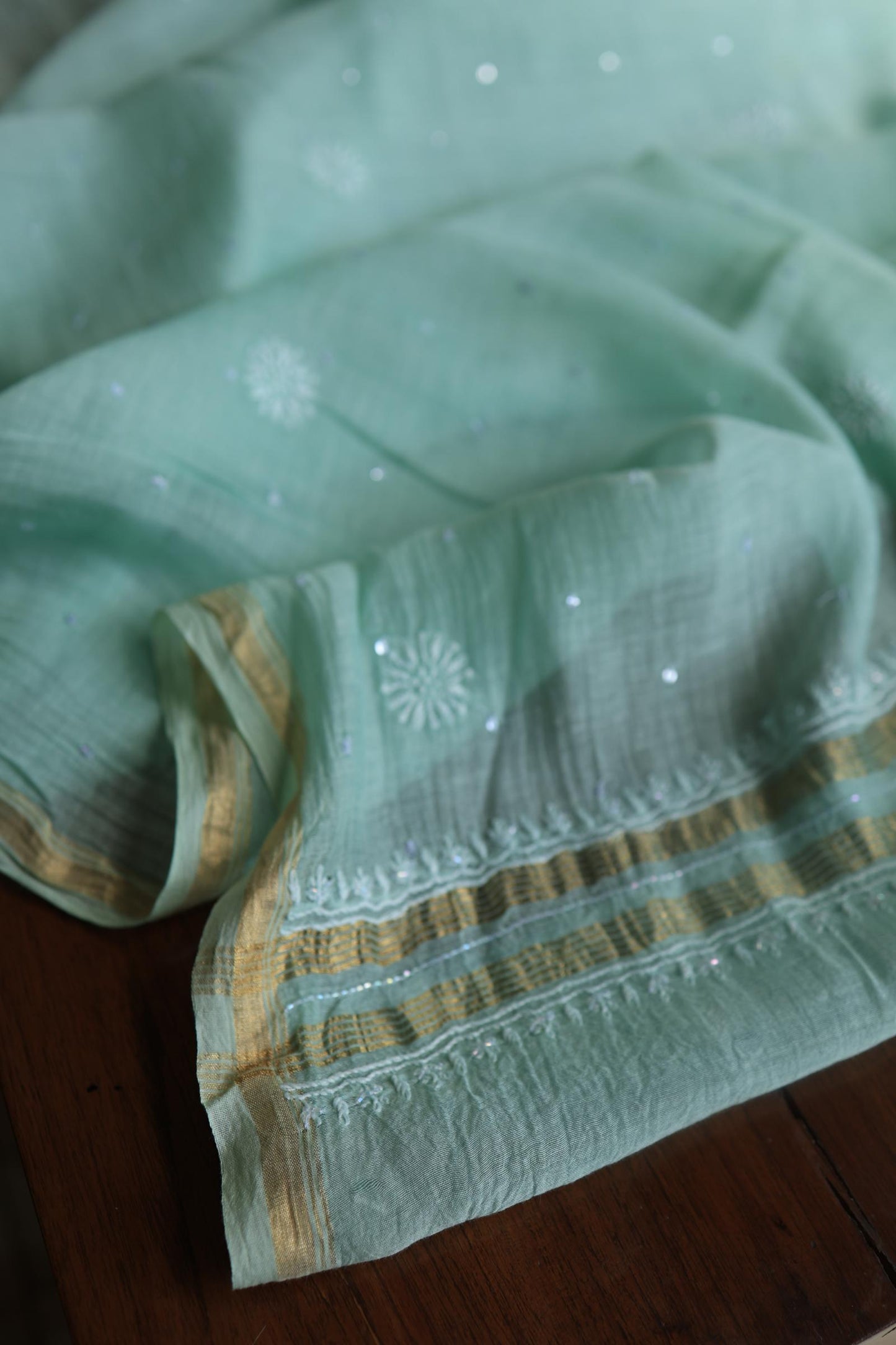 Sea Green Peach Malmals Pearl Work Chikankari Fabrics