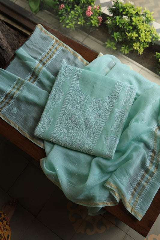 Sea Green Peach Malmals Pearl Work Chikankari Fabrics