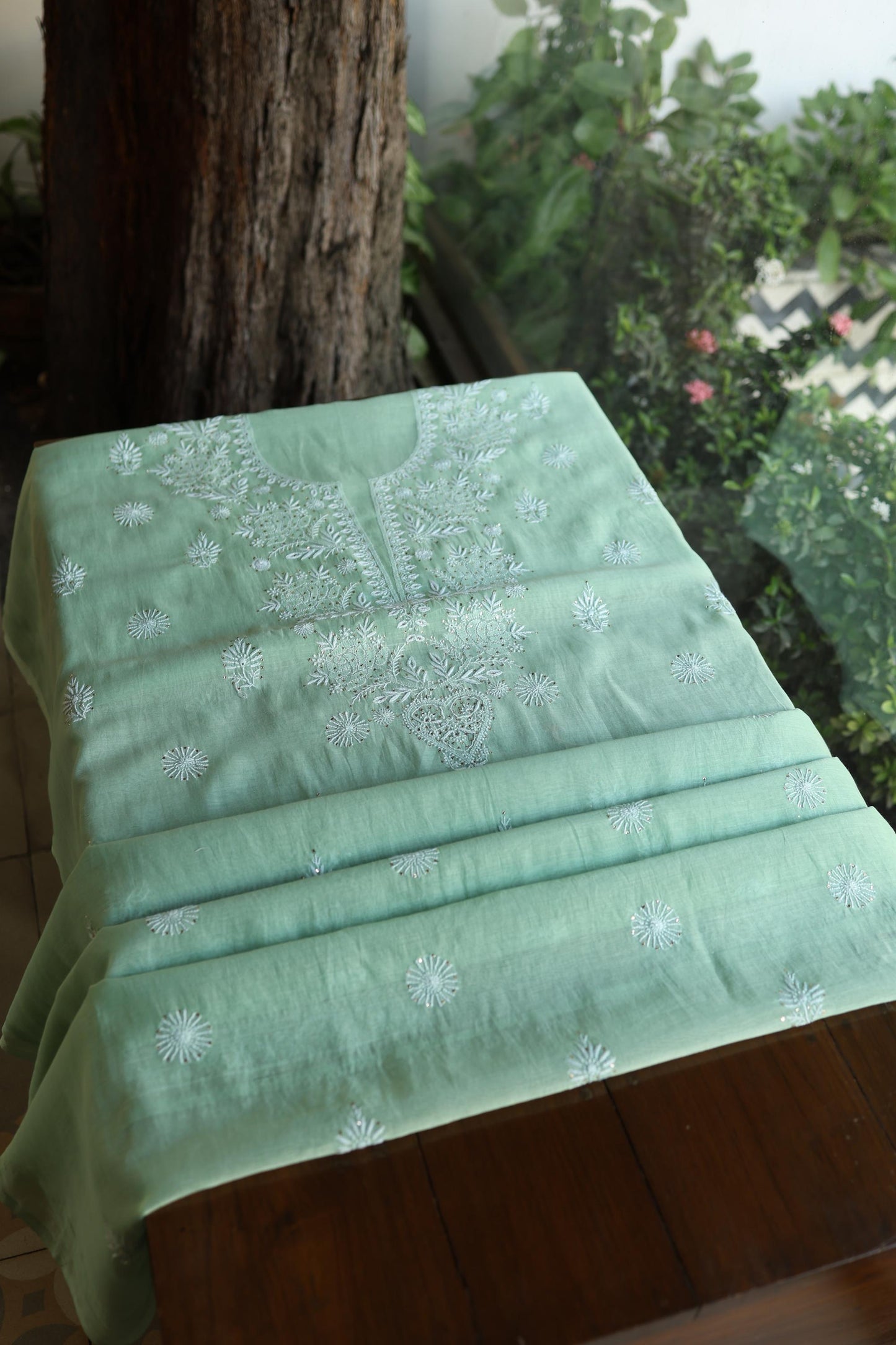 Sea Green Shade Mal Cotton Fine Chikankari Unstitched Fabric