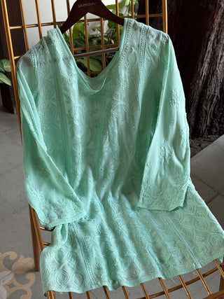 Sea Green Viscose Georgette Shadow Work Chikankari Short A-Line Kurti