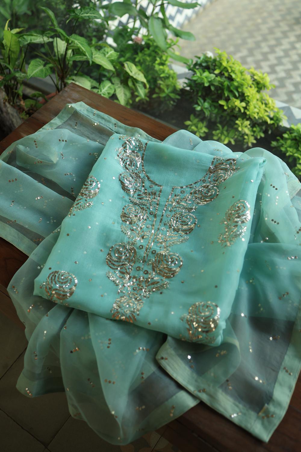 Sea Green Noor Organza Silk Mukaish Badla Unstitched Kurta Dupatta Set