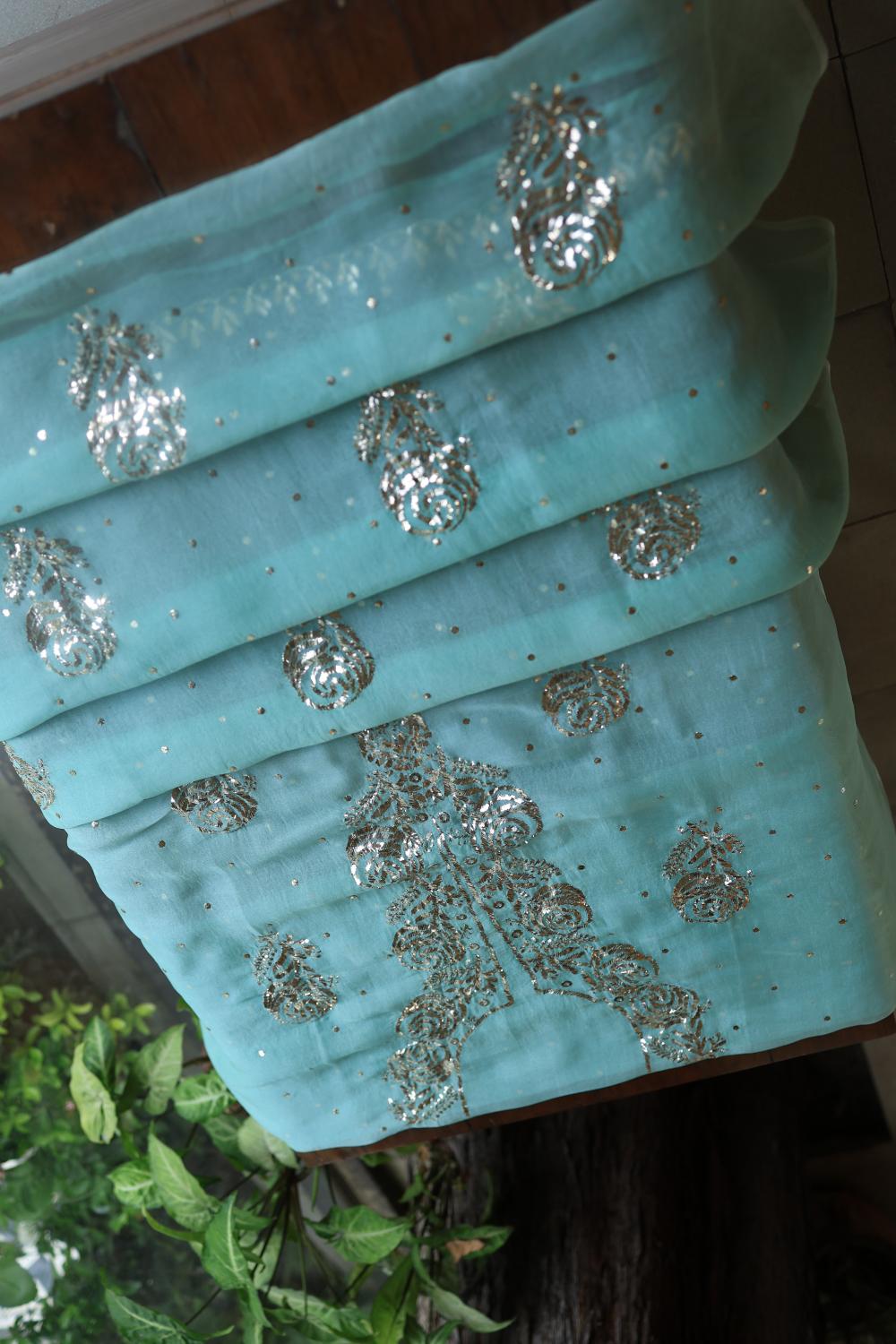 Sea Green Noor Organza Silk Mukaish Badla Unstitched Kurta Dupatta Set