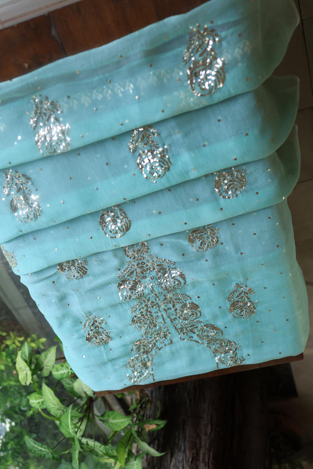 Sea Green Noor Organza Silk Mukaish Badla Unstitched Kurta Dupatta Set