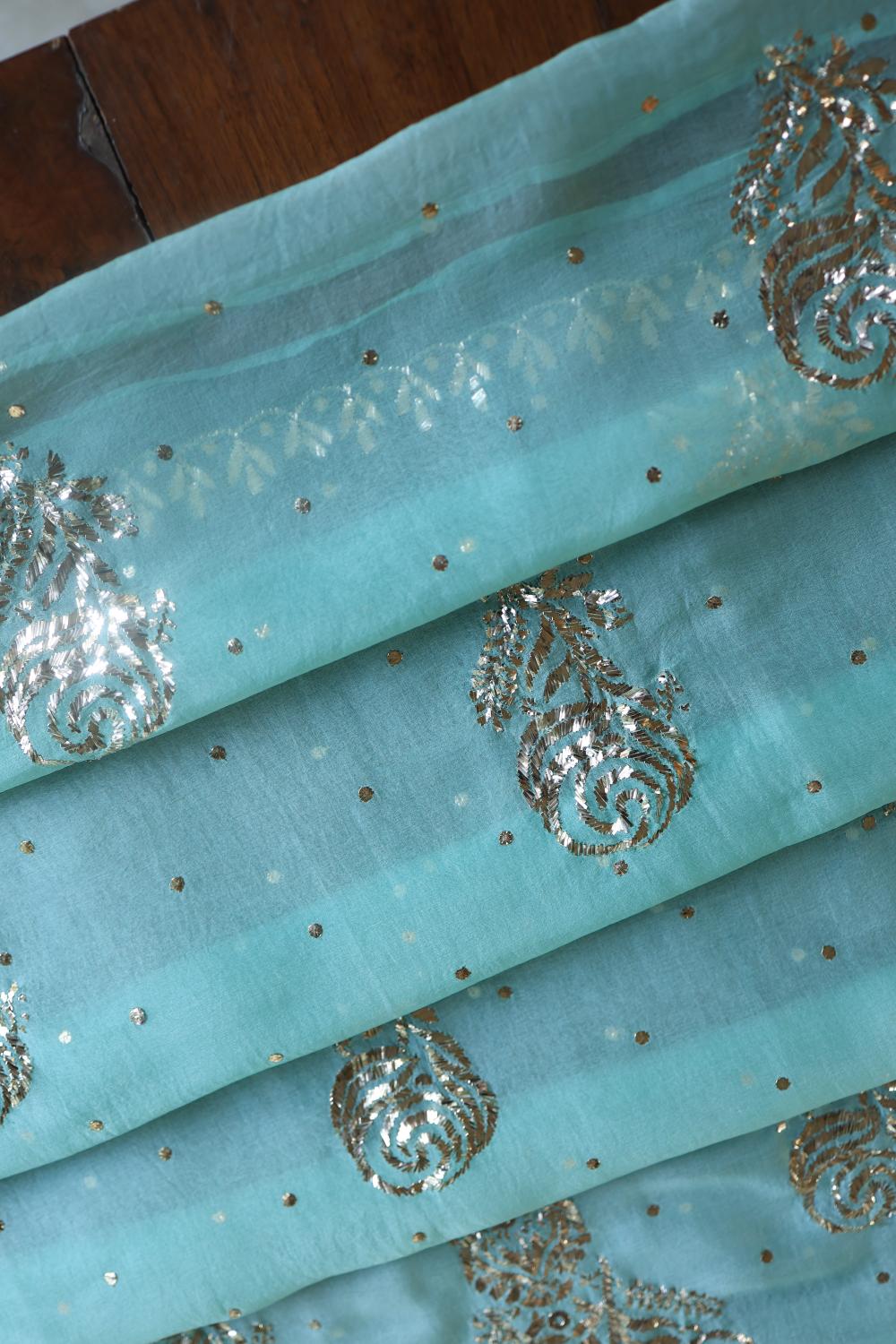 Sea Green Noor Organza Silk Mukaish Badla Unstitched Kurta Dupatta Set