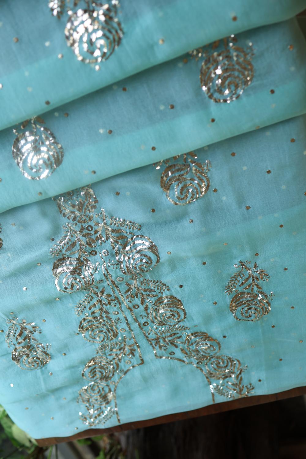 Sea Green Noor Organza Silk Mukaish Badla Unstitched Kurta Dupatta Set