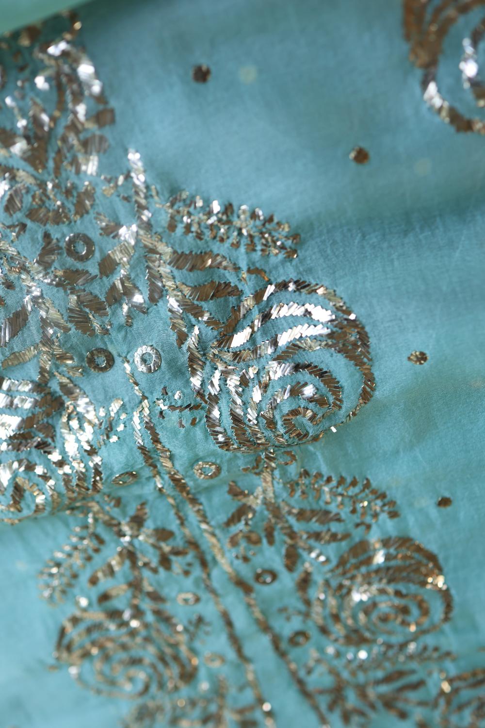 Sea Green Noor Organza Silk Mukaish Badla Unstitched Kurta Dupatta Set