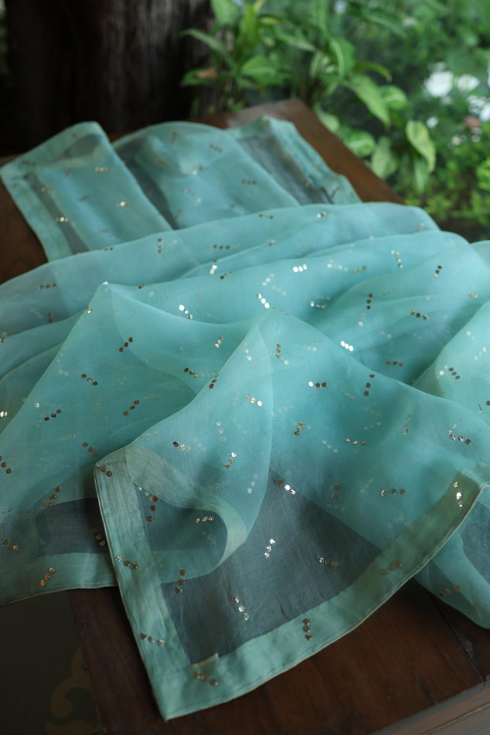 Sea Green Noor Organza Silk Mukaish Badla Unstitched Kurta Dupatta Set
